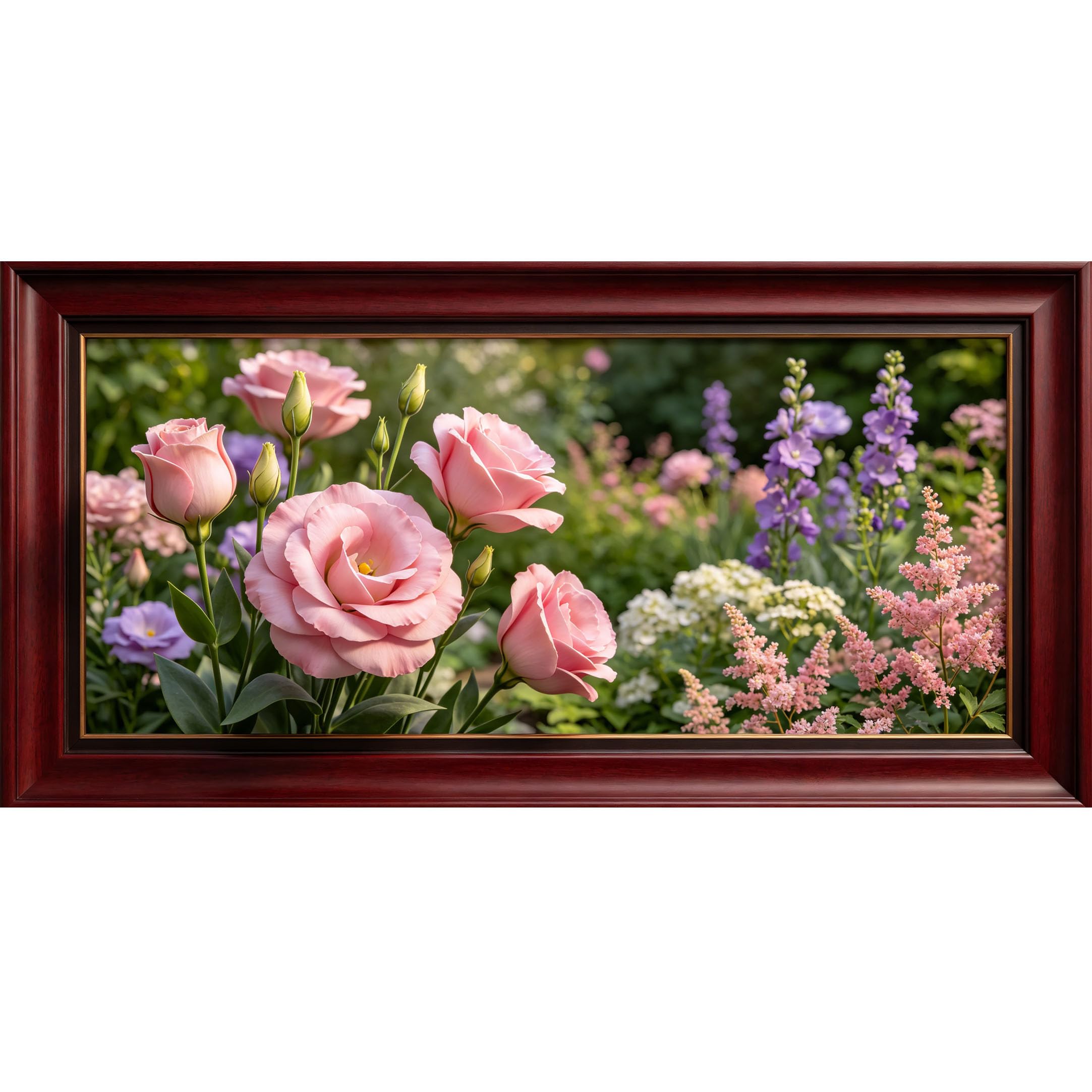 Agglomerix 3D Framed Wall Art Pink Roses and Lavender Floral Botanical Garden Landscape Large Size Self-Adhesive Removable Wall Decor Prints Artwork for Living Room Bedroom Office