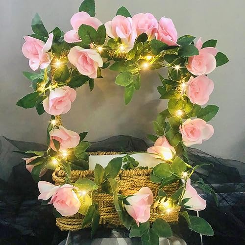 Guirnalda de flores artificiales de 7.5 pies, 20 LED, guirnalda de rosas alimentadas por pilas, guirnalda de flores de rosas para San Valentín,