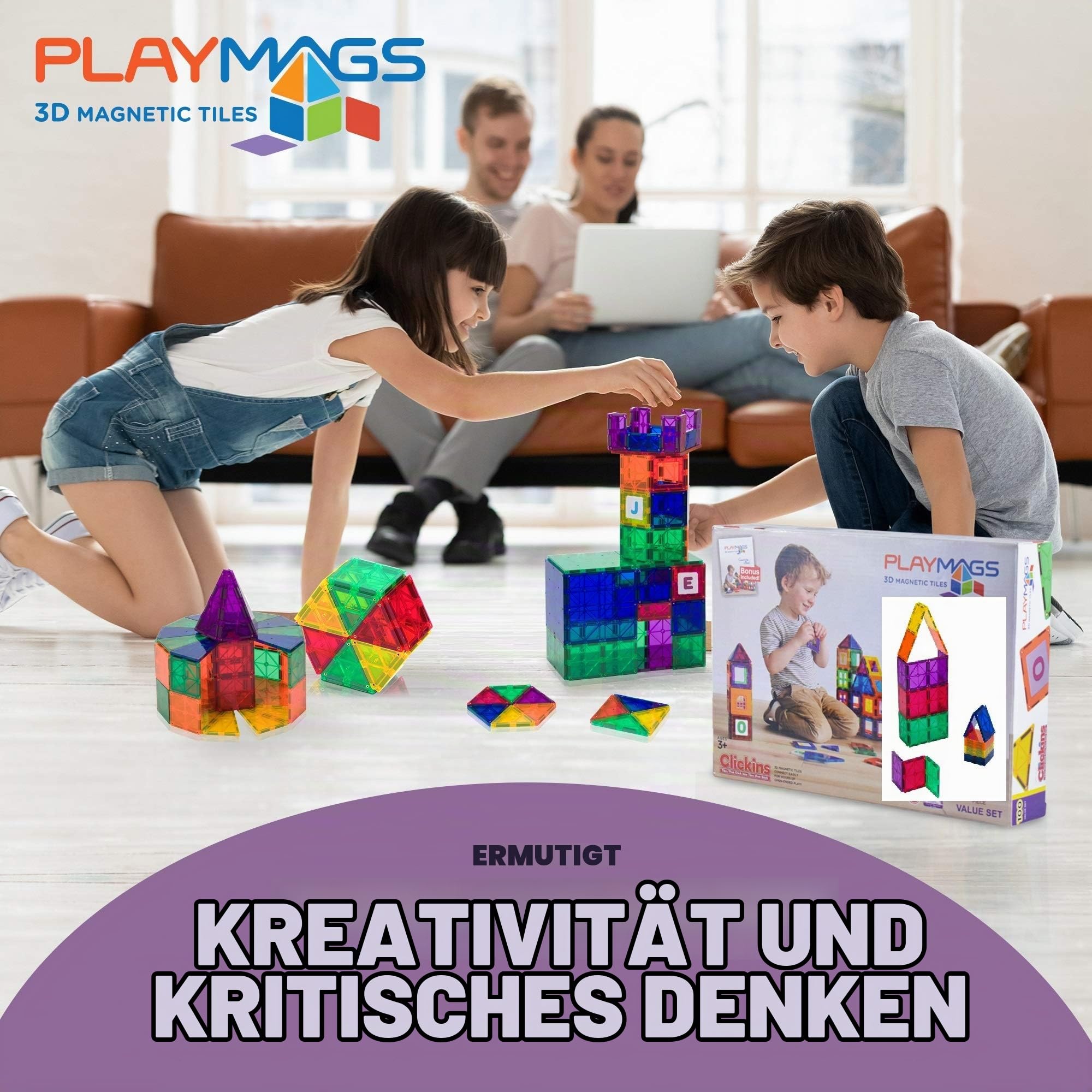 Playmags 48 Stück Set - mit stärkeren Magneten, STEM Spielzeug für Kinder, magnetische Fliesen und Building Blocks, Robuste, Super Durable mit Vivid Clear-Color-Fliesen