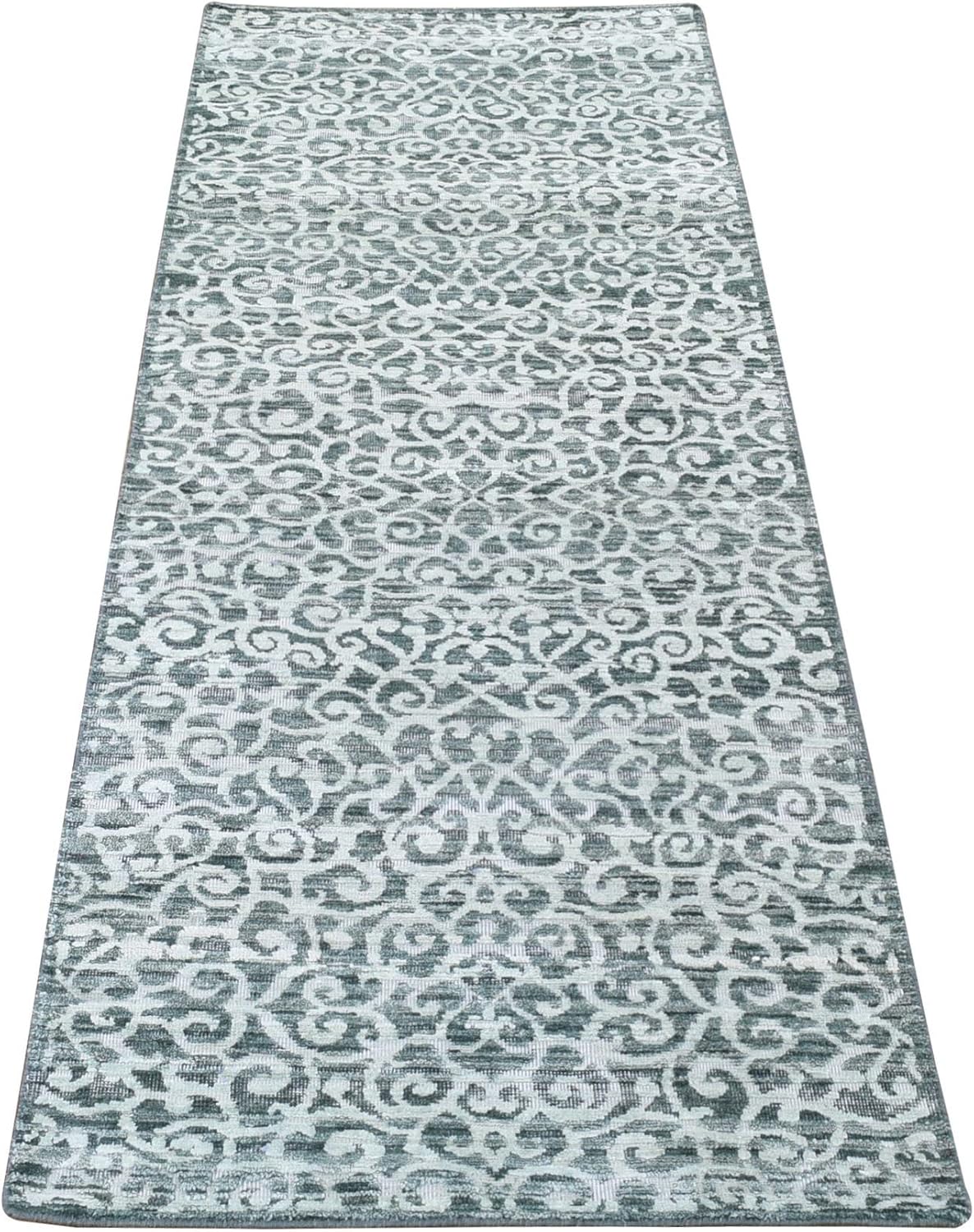 Green Modern Damask Arabesque Design Hand Knotted Textured Wool and Pure Silk Runner Oriental Rug (2'9"x8')