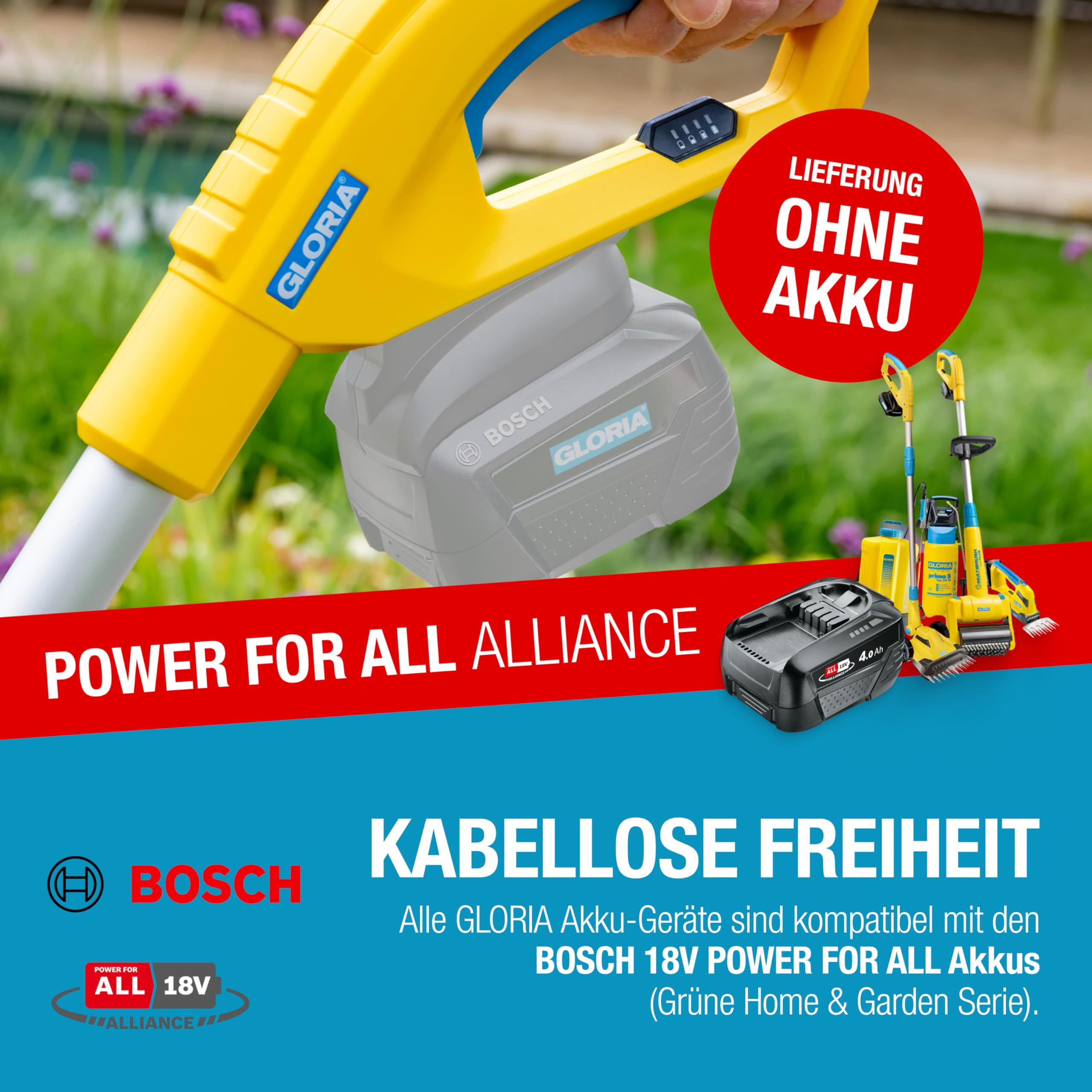 GLORIA MultiBrush li-on PLUS I Akku Reinigungsbürste für Stein, Fugen, Holz, Kanten & Rasen | Für Terrasse, Wege & Garten | Inkl. Stein- & Fugenbürste | Kompatibel mit BOSCH 18V Akku (nicht enthalten)