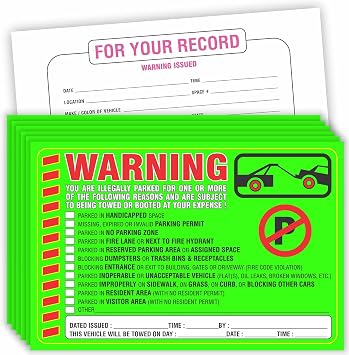 Parking Violation Stickers Notice Pack of 50 Tow Warning You are Illegally Parked Multi Reasons - Large Size 6" X 9" Green