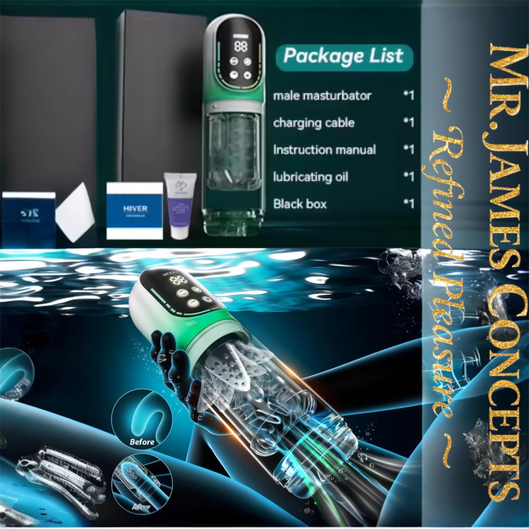 Mr. James Concepts – Masturbatore maschile with vuoto Pump – 3 Pressure Levels, 3D movimento a spinta & rotazione, 7 modalità, silicone morbido Sleeve, impermeabile, ricaricabile USBe Stroker