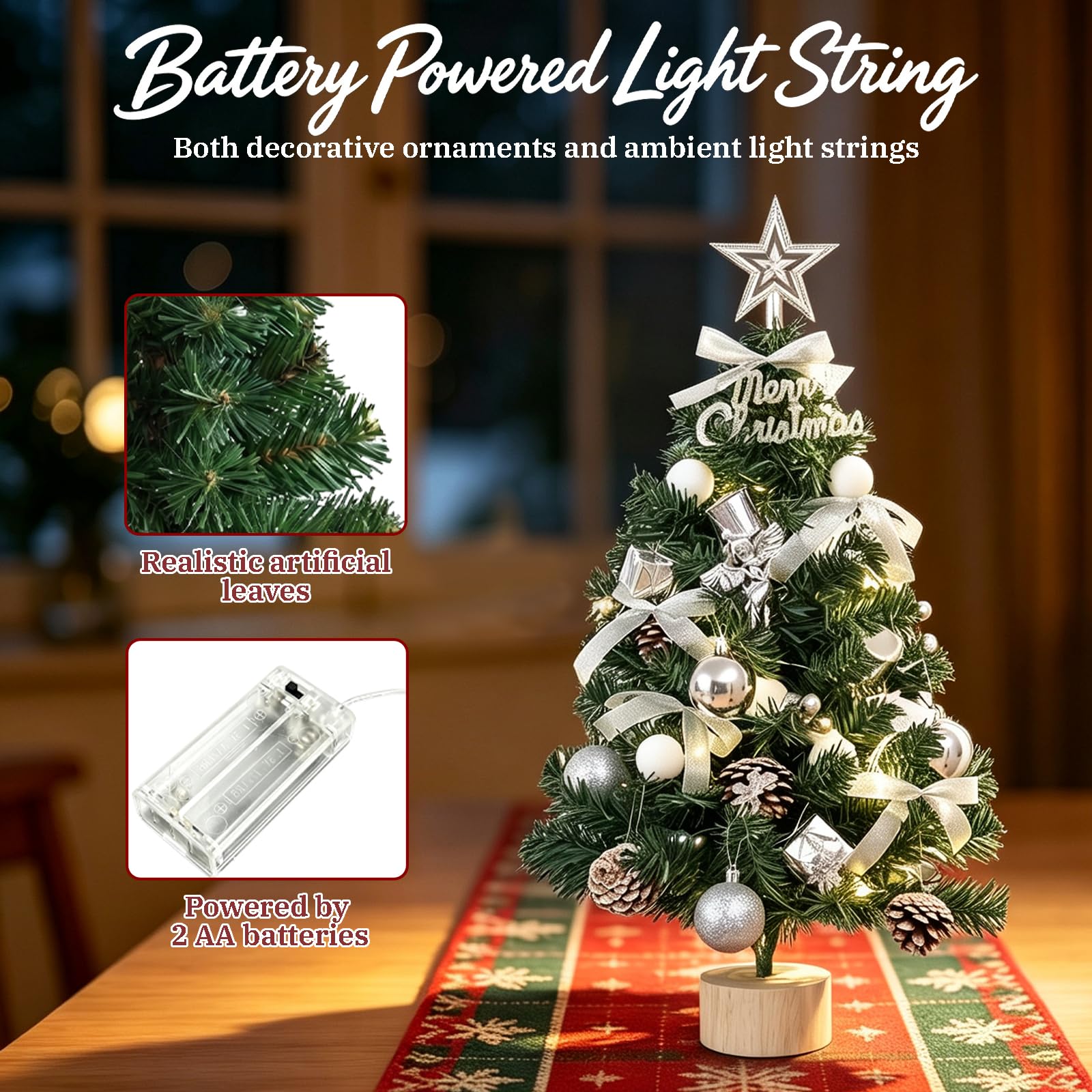 Mini sapin de Noël de table de 61 cm avec lumières | Petit sapin de Noël artificiel avec étoile - Kit de bricolage - Décoration pour la maison et centre de table - Blanc 60C06