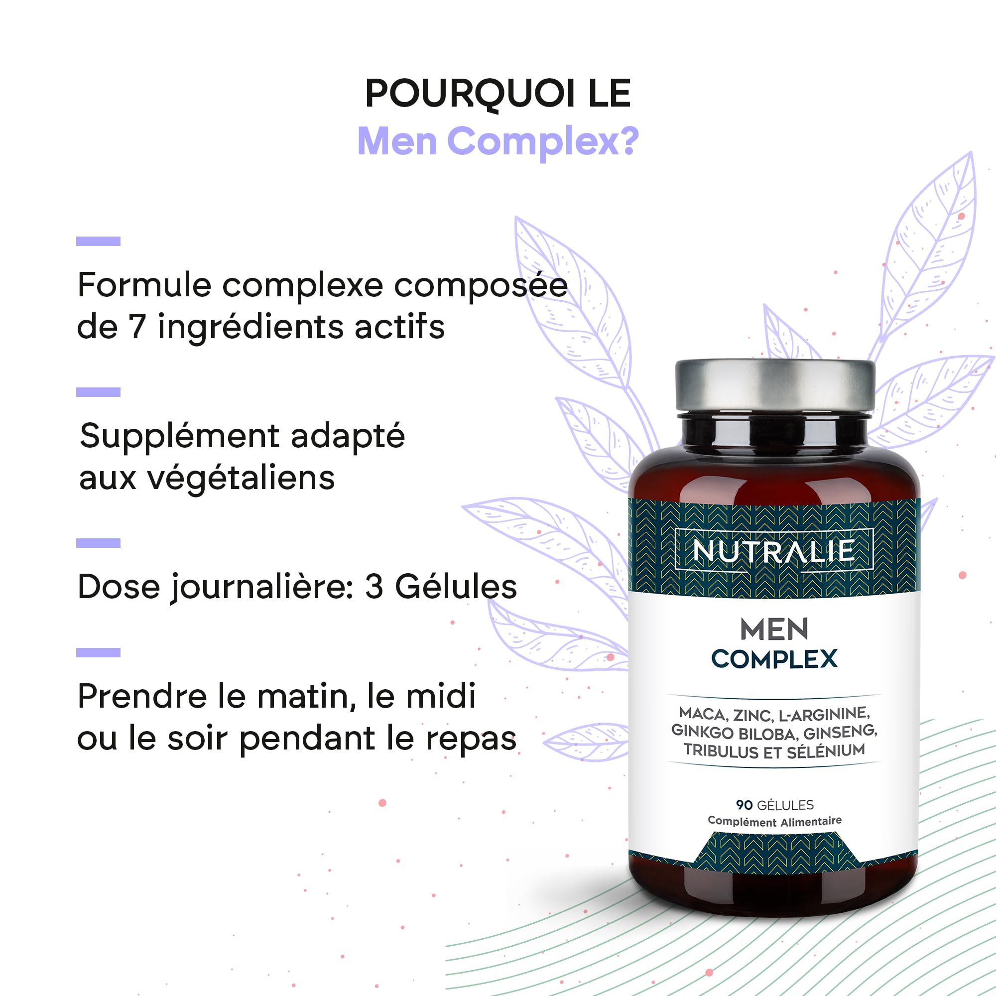VITAMINES TESTO HOMME - Puissance 4:1 Maca 500mg - Ginseng + Ginkgo Biloba Tribulus Terrestris L-Arginine - Men Complex 90 Capsules Nutralie