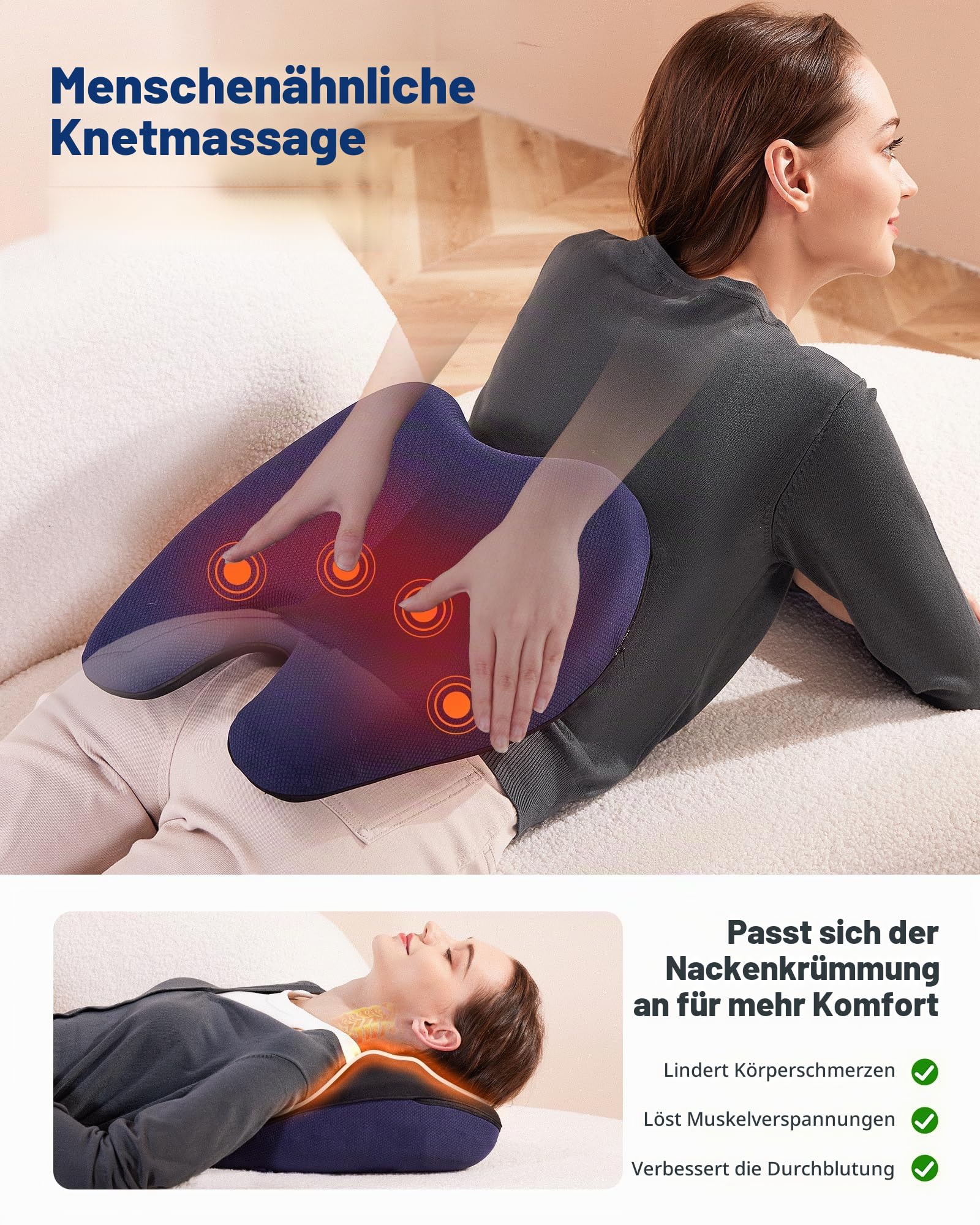 Boriwat Massagekissen, Shiatsu Massagegerät 3 Intensitäten für Nacken Rücken Schulter, Massagegerät mit Wärmefunktion für Frauen Männer Familie