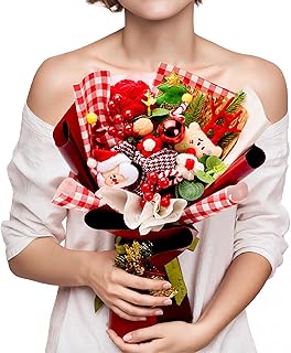 Christmas Crochet Flower Bouquet, Handmade Knitted Flowers with Rose Hol...