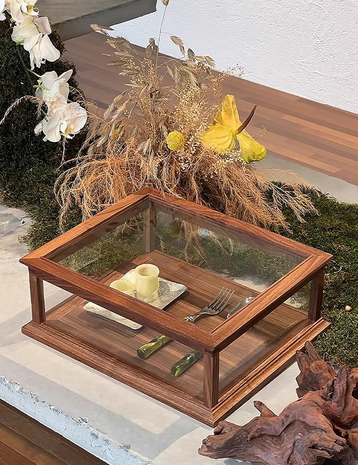 Wooden Display Cabinet,Glass Keepsake Box for Storage Trinket Rings Bracelet,Rectangle Jewelry Organizer Wood Bread Case for Kitchen Countertop(Brown)