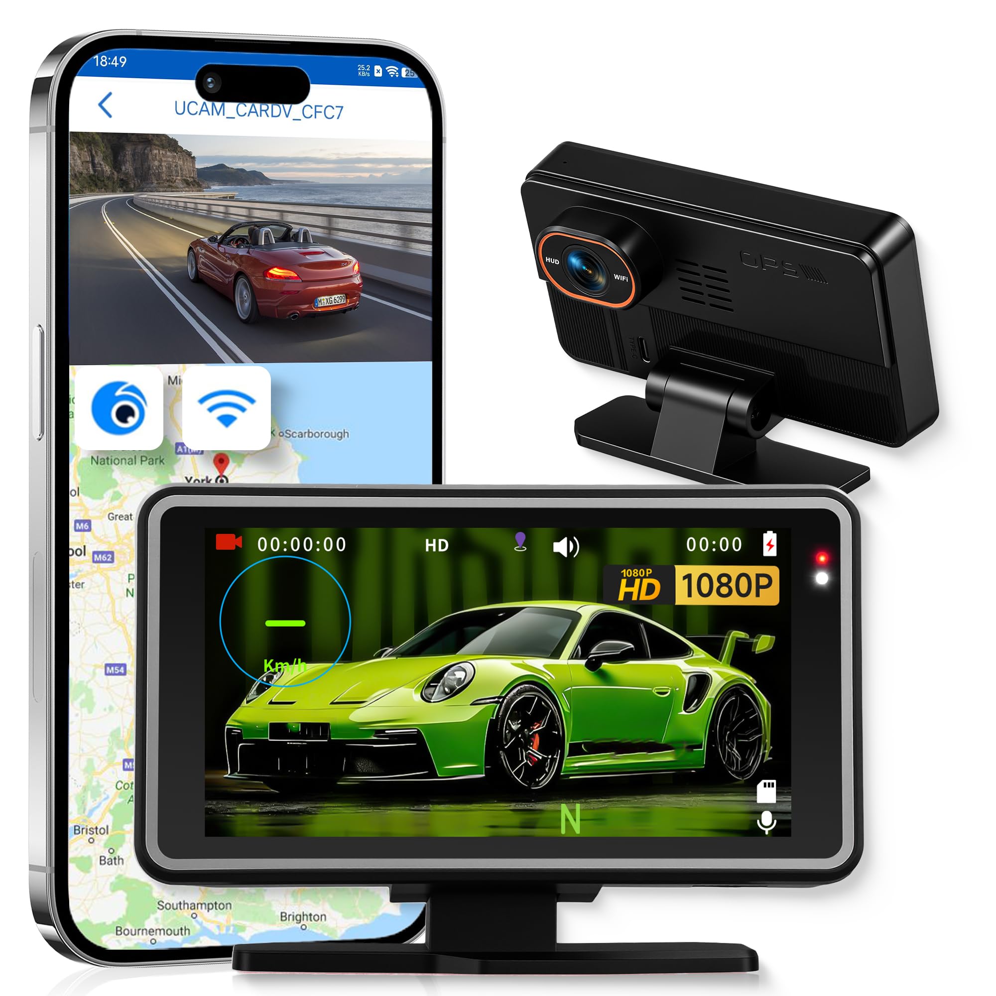 Rimoody WIFI Dashcam & Head Up Display per Auto, Head Up HUD Multifunzione Tachimetro Digitale Auto, 5 Pollici IPS Monitor Dash Cam con 1080P Fotocamera Frontale, Controllo APP/DVR/Loop Video