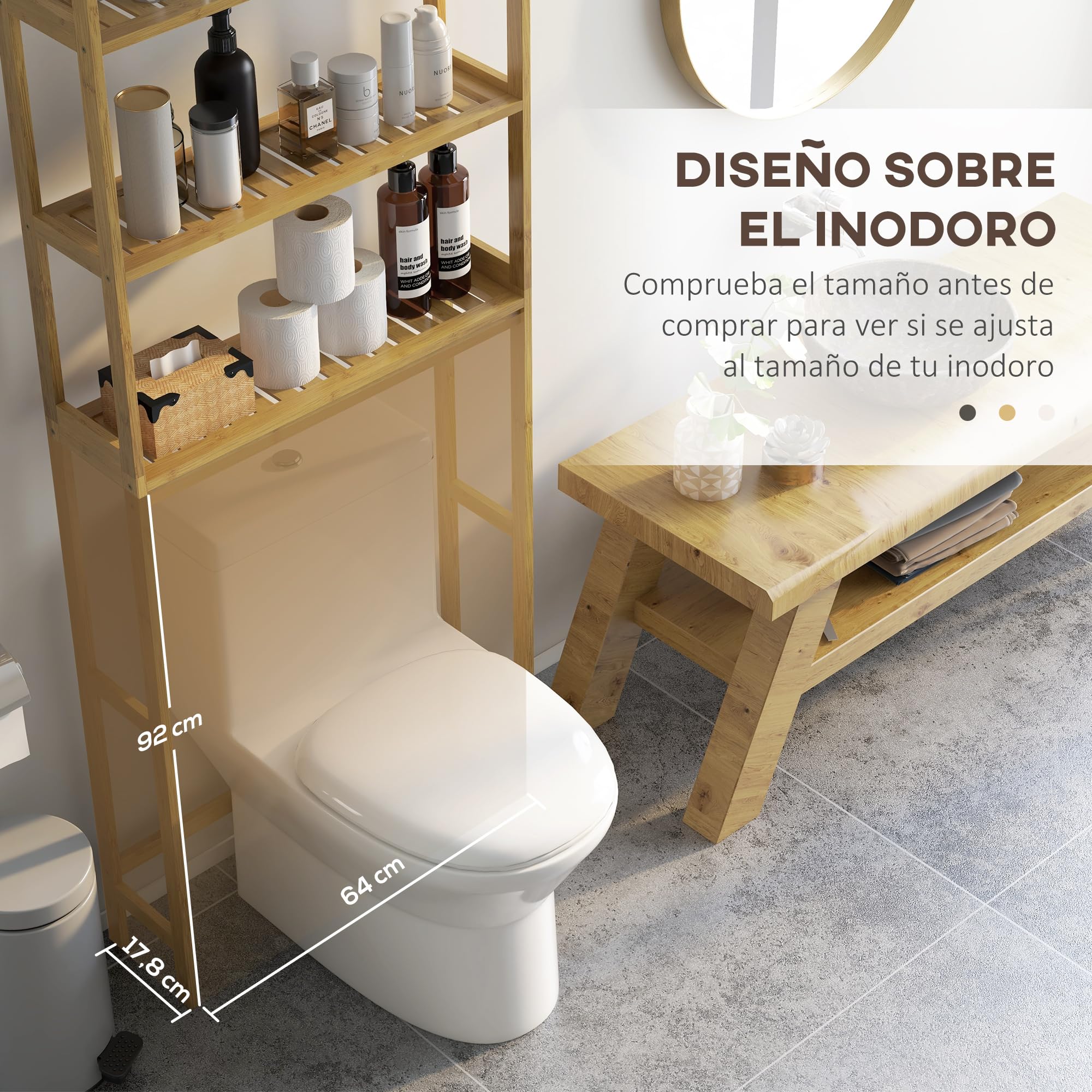 kleankin Estantería sobre Inodoro de Bambú Estantería de Baño con 3 Estantes y Alfombrillas Antideslizantes Antivuelco Estilo Moderno 68x20x165 cm Natural