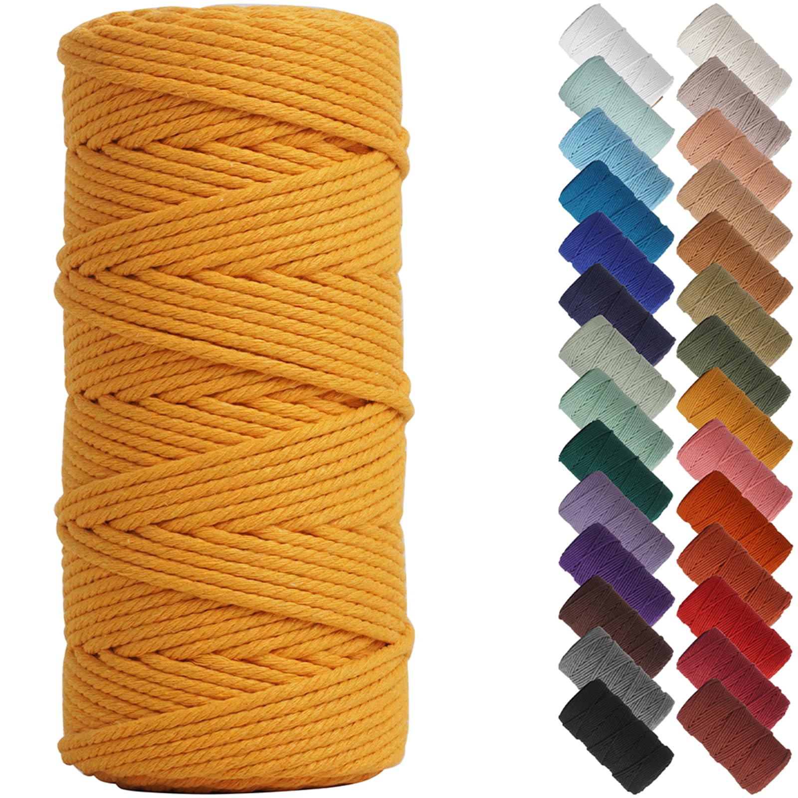 NOANTA Mustard Macrame Cord 3 mm x 109 jardów, Colored Macrame Rope, 3 Strand Twisted Cotton Rope Macrame Yarn, Colorful Cotton Craft Cord for Wall Hanging, Plant Hangers, Crafts, Knitting
