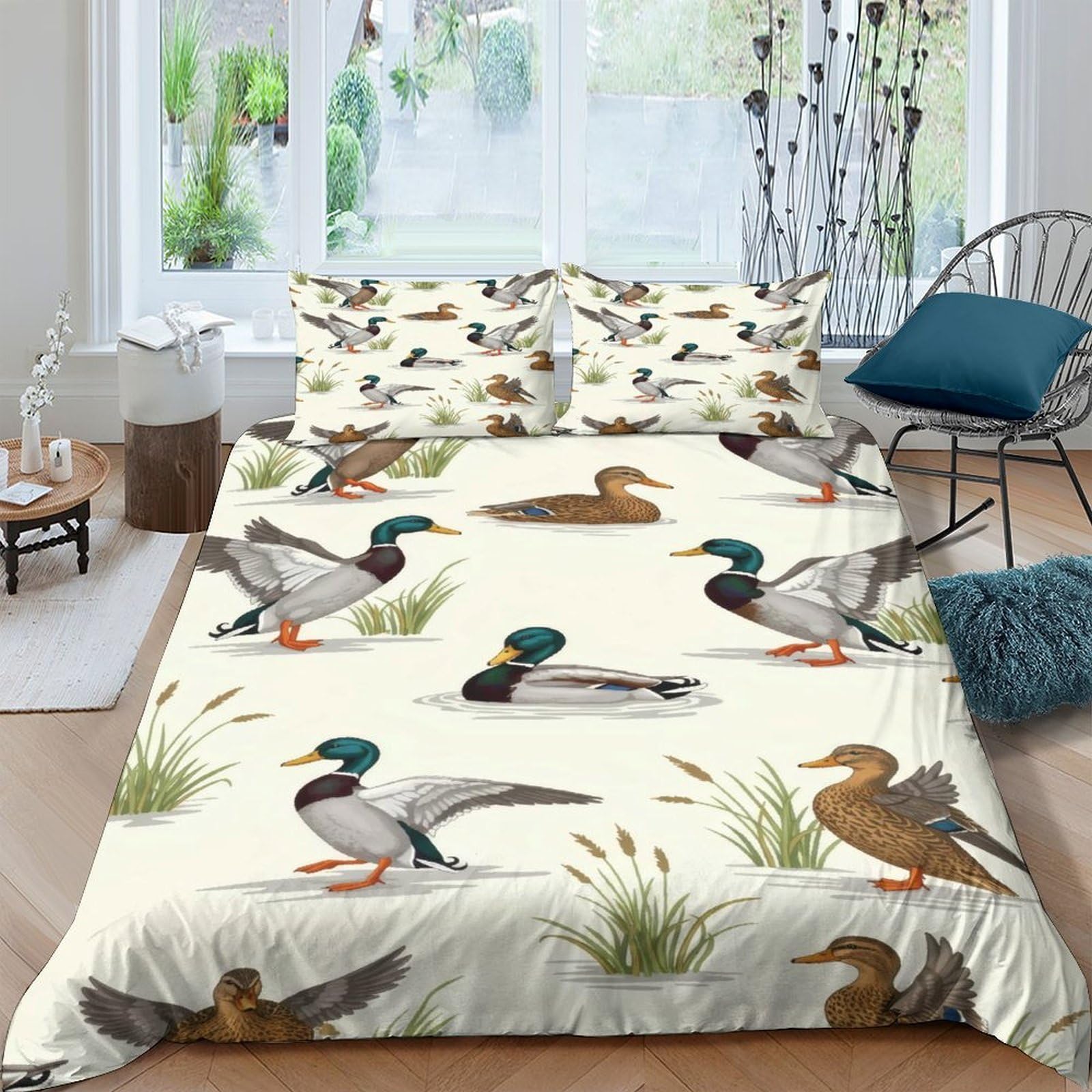 Ctjqhvkz Style-9 3D Printed Mallard Duck Fitted Sheet Microfiber Soft Breathable Waterfowl Mattress Cover Bedroom Decor Single（135X200cm）