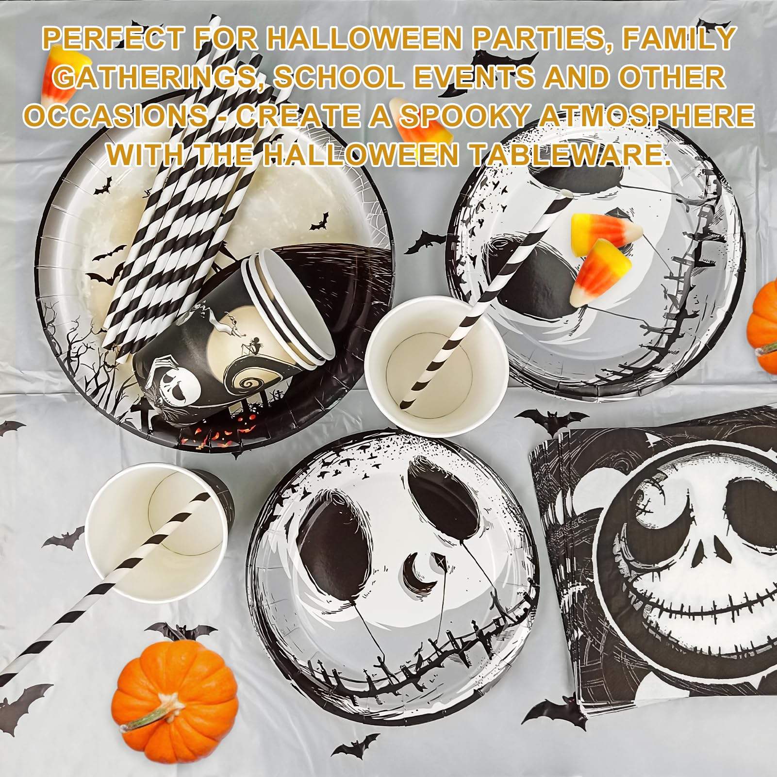 Set Stoviglie Halloween 51 Pezzi - Piatti, Bicchieri, Tovaglioli Con Scheletri - Per Feste Da 10 Ospiti - Foto 7