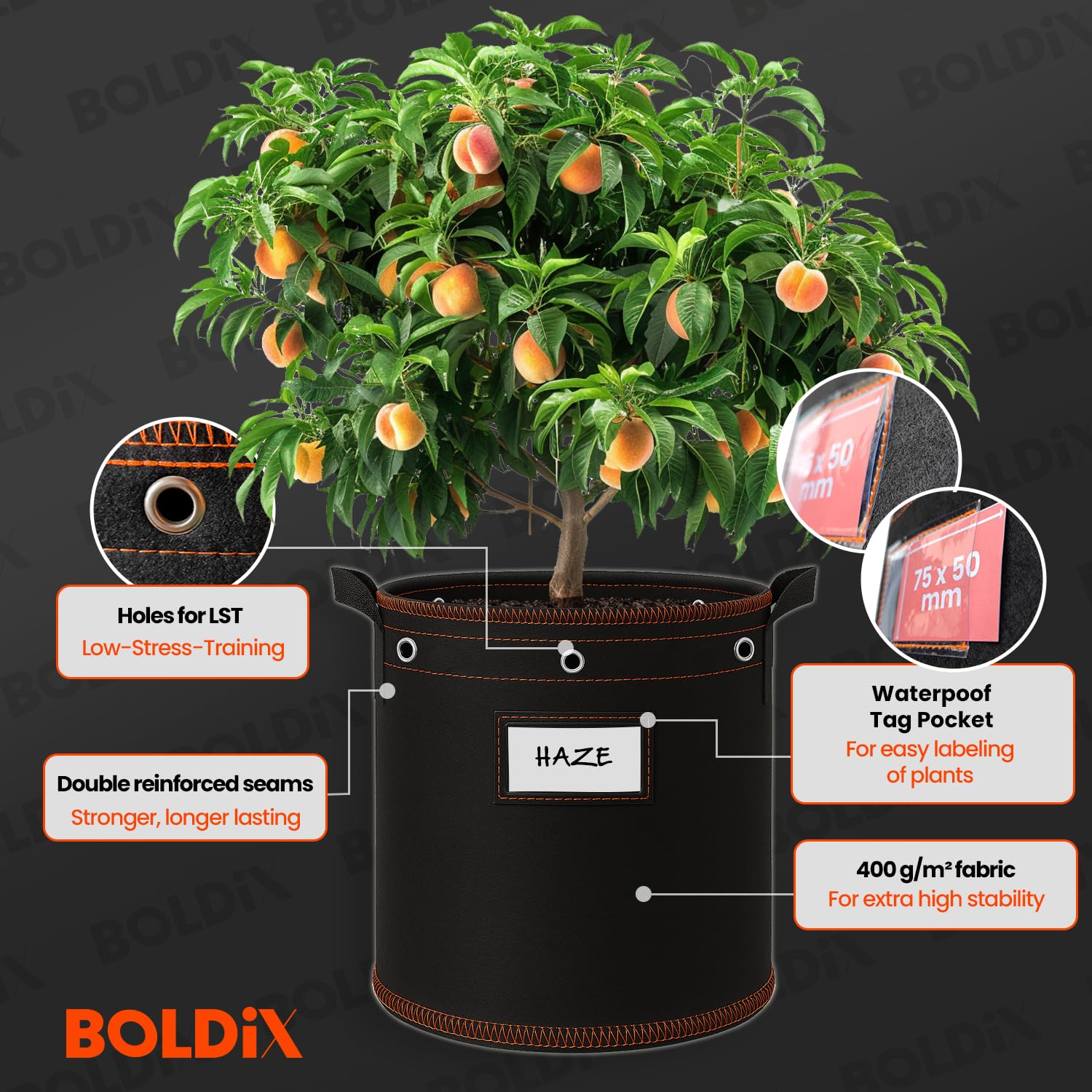 Growbags 15L V2 [Juego de 5] – Macetas de tela extra gruesas de 400 g/m² con ojales de latón para LST y bolsa de etiquetas resistente al agua | Saco de plantación de tela no tejida reutilizable