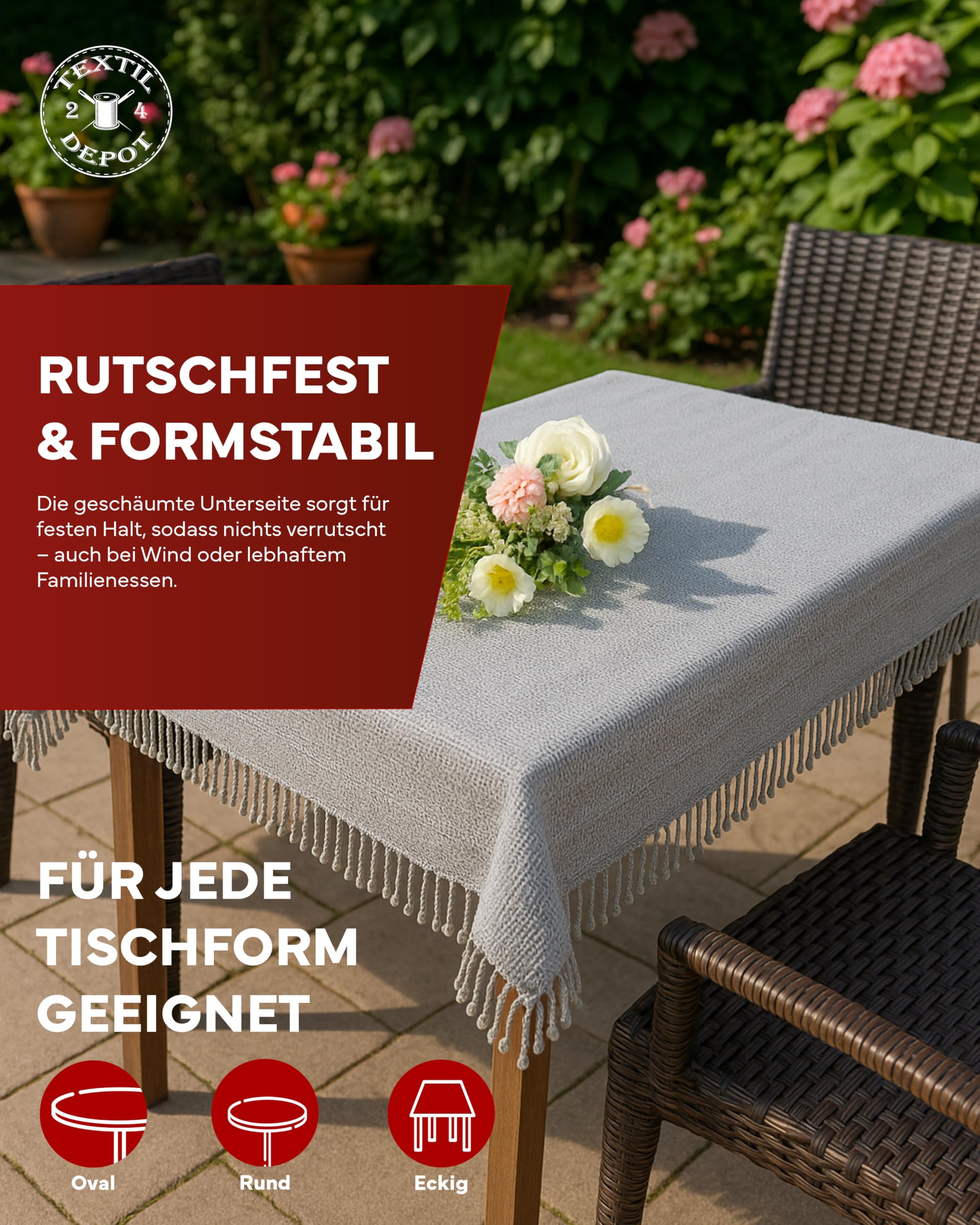 Gartentischdecke 130 x 220 cm hellgrau mit Fransen wetterfest geschäumt rutschfest
