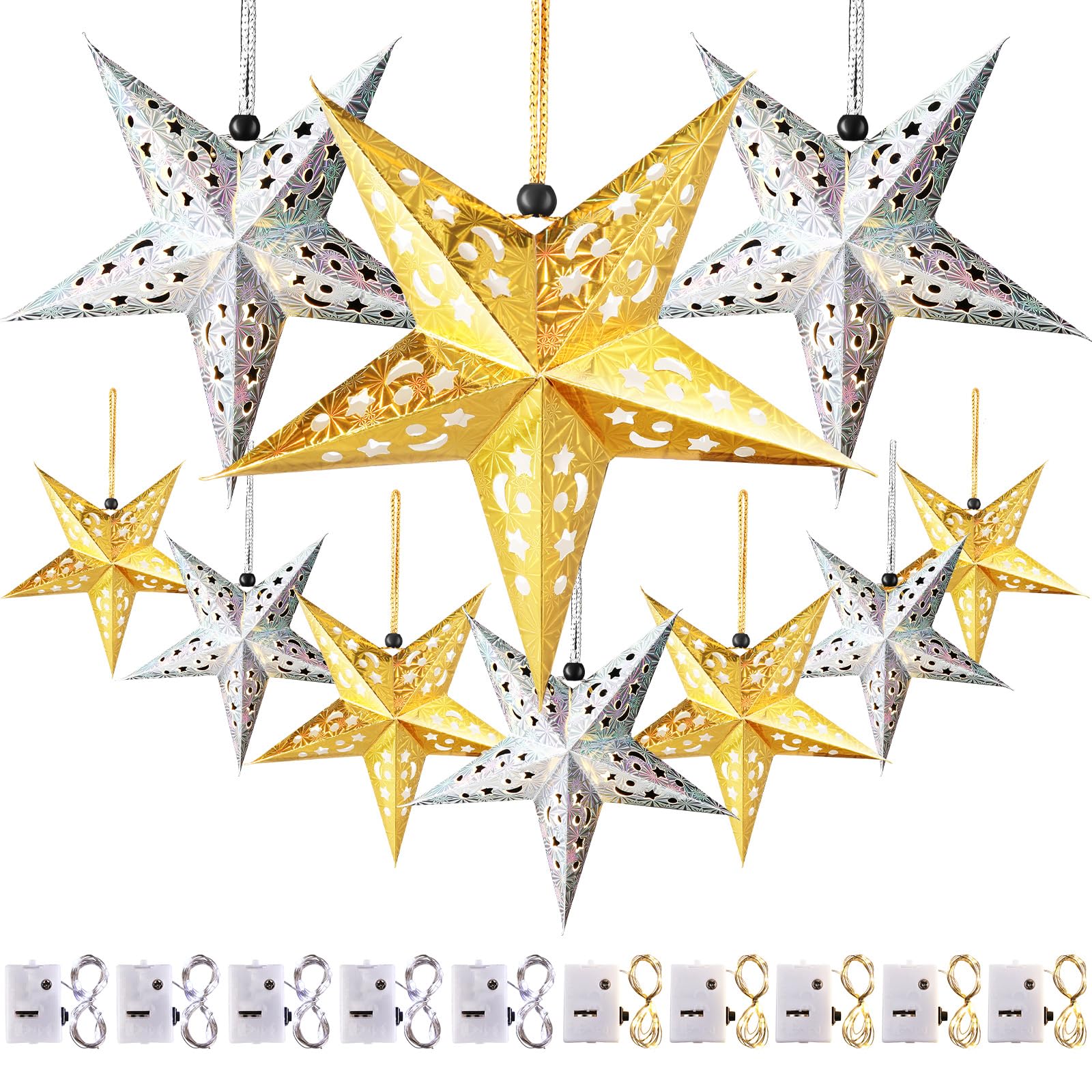 Zhanmai 10 Pcs Large 3D Paper Star Lantern with 10 LED Lights 11.8 Inch 5 Point Hollow Hanging Paper Star Lampshade Decoration Light Lanterns for Wedding Birthday New Year Party Home Decor