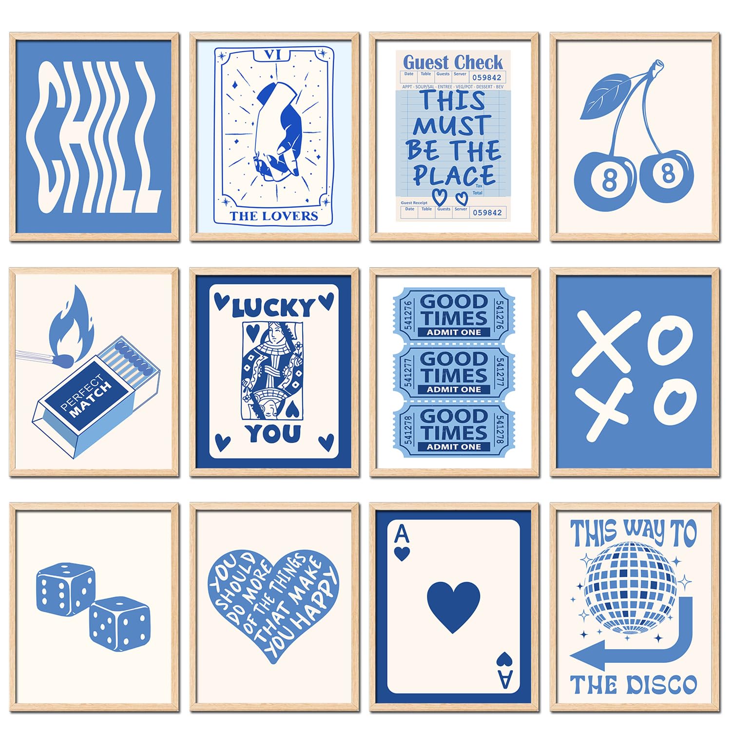 TRAMIN 12 Pcs Blue Lucky Poster, Playing Card Wall Art, Funky Posters Aesthetic Pictures, Poker Room Decor, Blue Trendy Wall Art, Retro Ace Prints