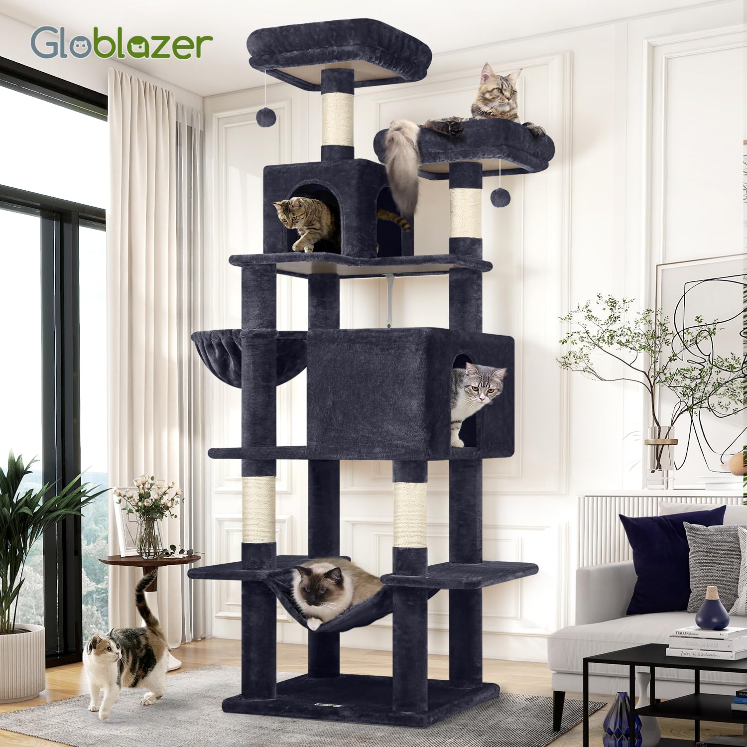 Globlazer Drapak XXL 195 cm wysokości z 2 domkami dla kotów, 2 drążkami do siedzenia, duży pluszowy hamak 50 x 33 cm, kosz, drapak, duży, stabilny, dla wielu kotów i dorosłych, do odpoczynku, zabawy