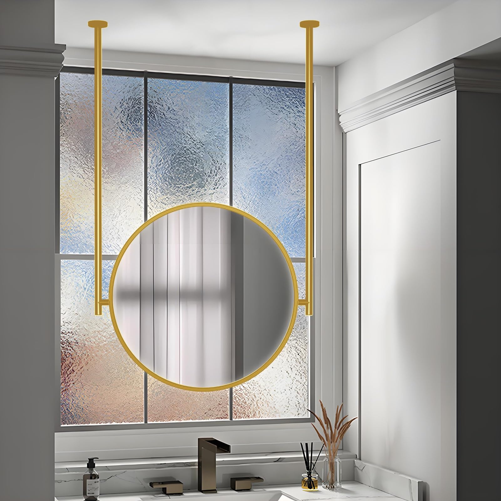 FGXHHS Gold Large Mirrors, Decorative Simple Mirror, Home or Hotel Bathroom Ceiling Hanging Mounted Makeup Floating Rod Mirrors(Customizable Boom)(Diameter-70CM/27.6INCH)