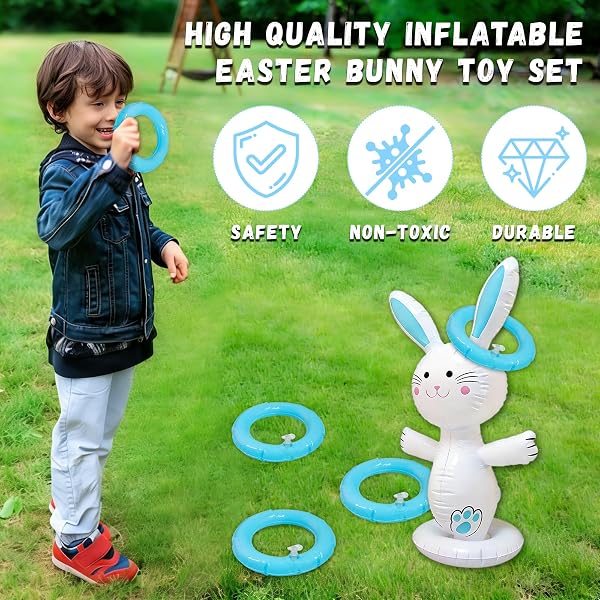 dellyy Jeux de Lancer Lapin Gonflable Pâques, Jeu de Lancer d'Anneaux Gonflable, Lancer de Pâques Gonflable, Intérieur Extérieur Jeux Familial pour Jardin Fête Cadeaux - 4