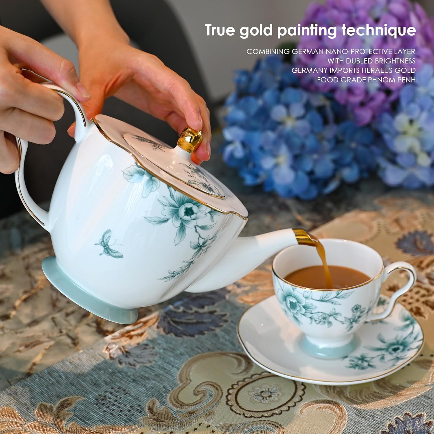 ACMLIFE Bone China Tea Sets for Adults, Blue and White Tea Gift Set, 21 Piece Porcelain, Cup and Saucer Set for 6 Vintage Floral Party for Women or Christmas Gifts Giving (Blue-Leaf-21) - Image 3