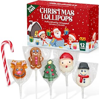 Christmas Lollipop Suckers 12 Count Individually Wrapped Dye-Free Holiday Candy - Festive Santa, Snowman, Gingerbread, Christmas Tree & Candy Cane Pops Gift pack - Stocking Stuffers & Party Favors