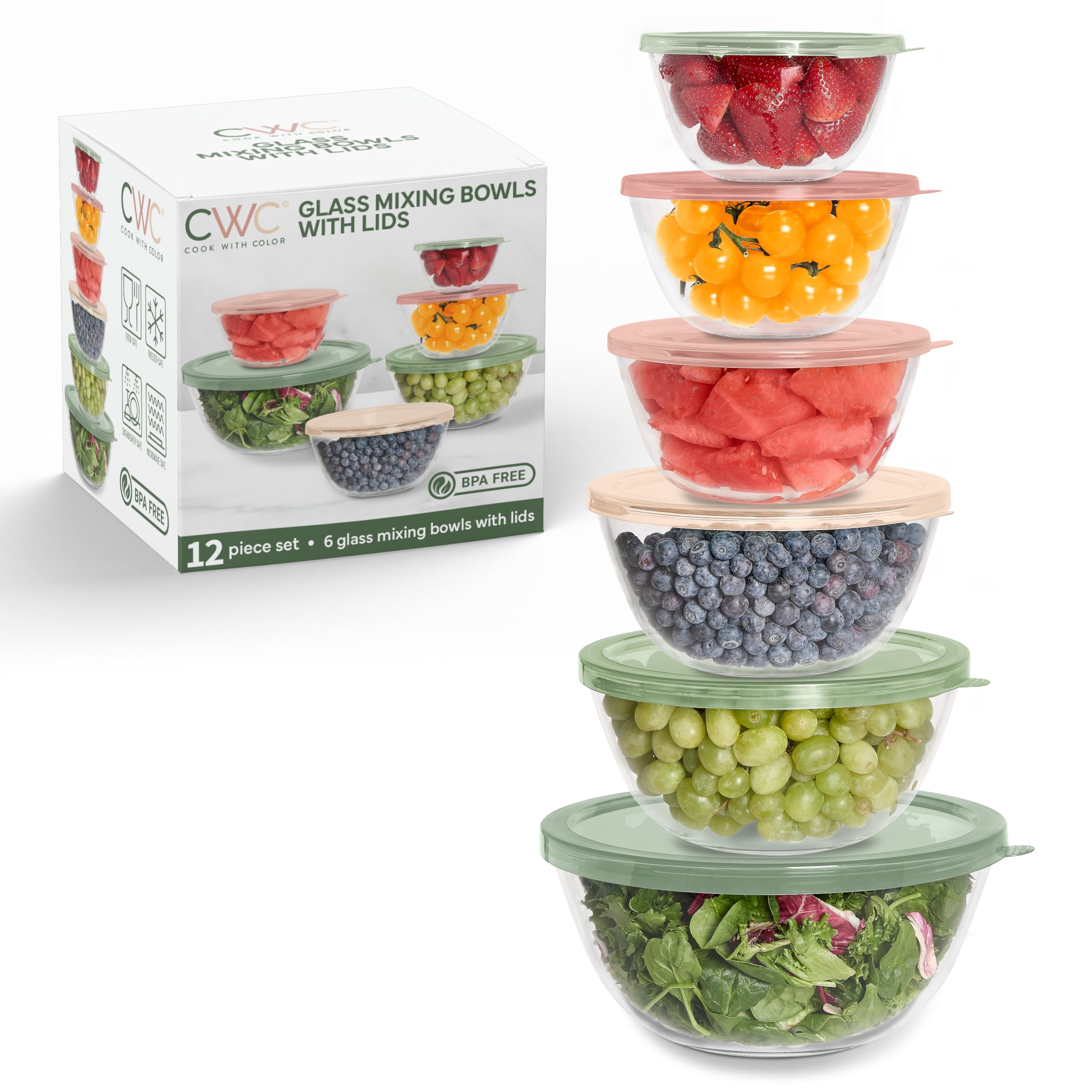 COOK WITH COLOR Juego de 12 cuencos de vidrio para mezclar con tapas, cuencos de vidrio de borosilicato para cocinar, hornear y preparar comidas, multicolor