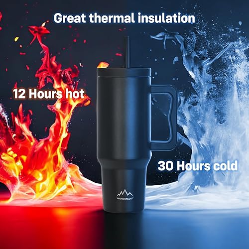 Miniatura 4 de Wanderlust - Vaso térmico reutilizable de 40 onzas con asa y pajilla, mango ergonómico, vaso aislado reutilizable para café y viaje, botellas de