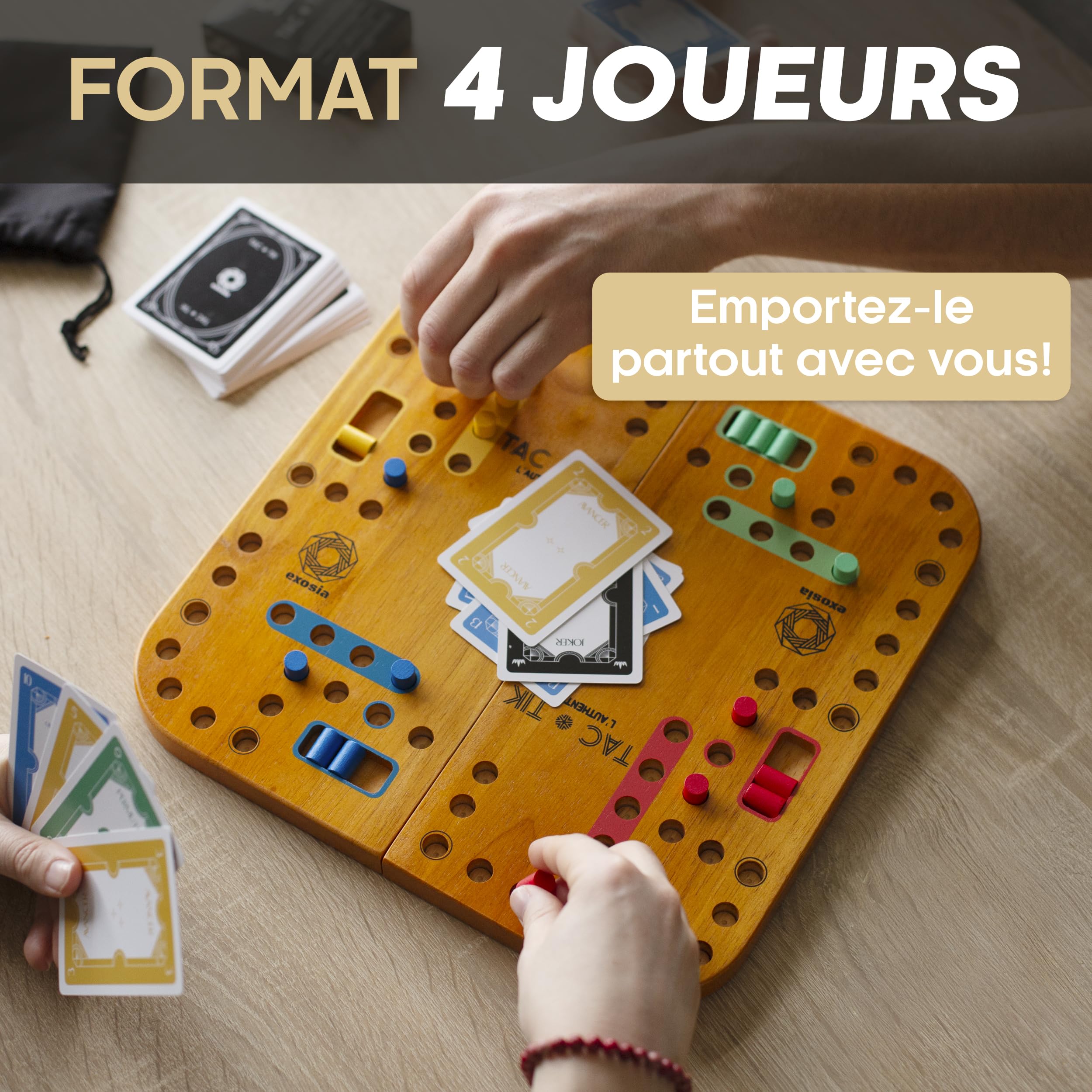 TAC-TIK L'Authentique jeu de société en bois massif d’Hévéa de 2 à 4 joueurs, Plateaux modulables magnétiques, Cartes et instructions en Français pour jouer au jeu de Tock ou TOC, éco-responsable