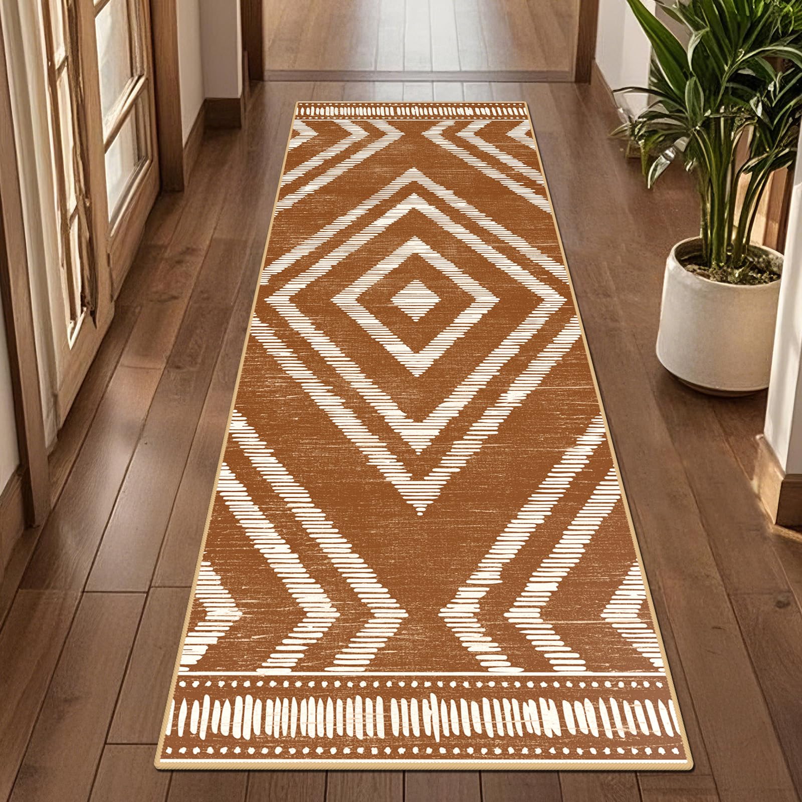 Geanlod Boho Runner Rugs 2x6ft Non Slip, Brown Washable Rug with Rubber Backing, Soft Moroccan Farmhouse Kitchen Runner, Low Pile Geometric Floor
