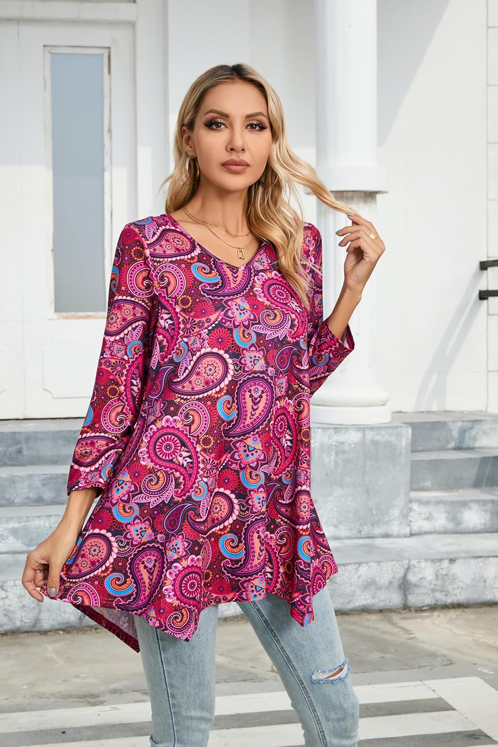 ENMAIN Womens Tunics Tops 3/4 Length Sleeve Plus Size Long Tops to Wear with Leggings Casual Loose Fit Dressy Flowy Blouses - Image 4