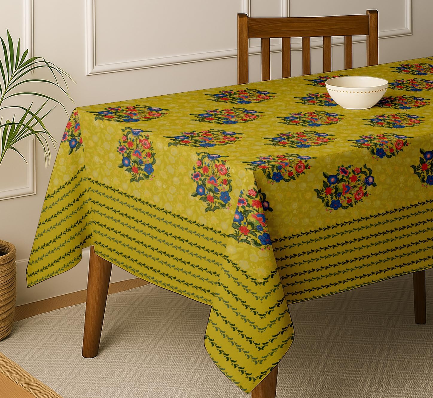 Floral Design Tablecloth- Yellow 60x60 Inch Cotton Twill Dining Table Cover, Perfect for 4 Seater Tables, Durable, Protective & Washable, Ideal for Everyday Use, Occasions & Gathering