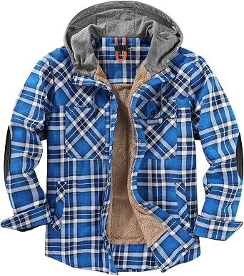 Mmoneyake Mens Sherpa Lined Hooded Plaid Shirt Jacket Fleece Lined Flannel Shirts Coat Button Down Jackets with Hood for Men