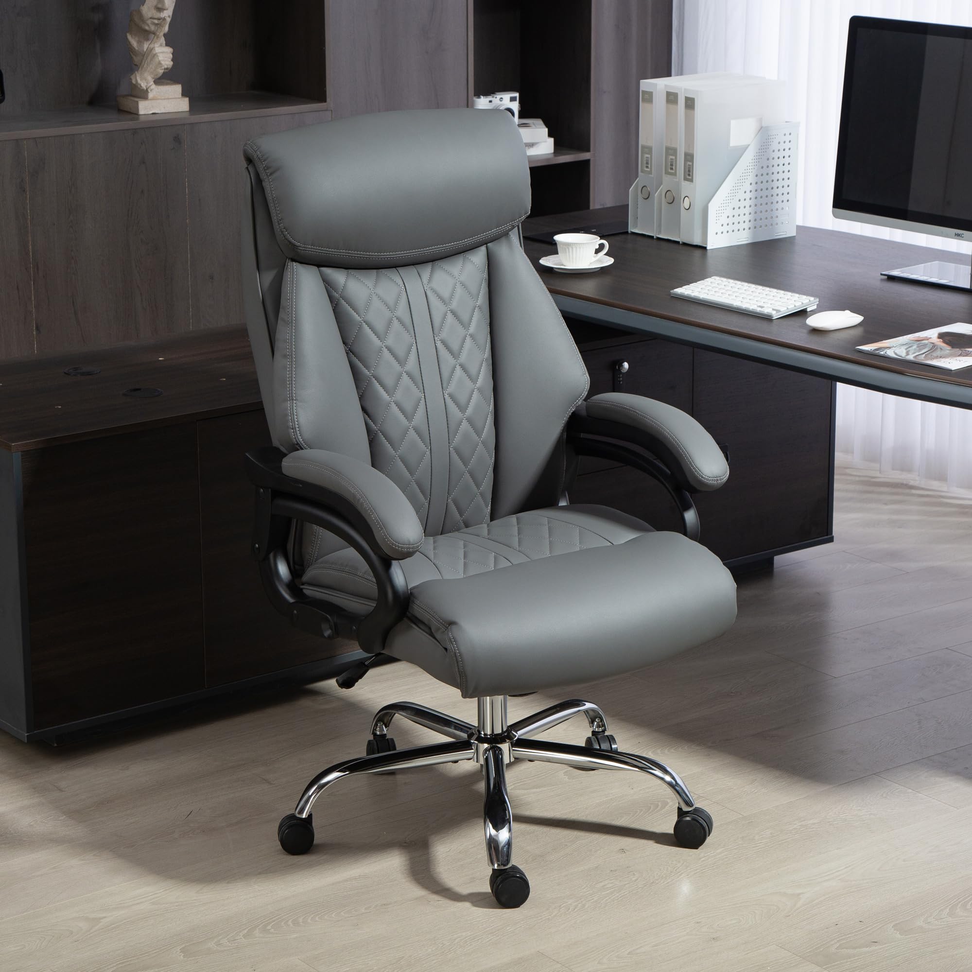 HOMCOM Bürostuhl mit Hoher Rückenlehne Wippfunktion PU-Leder Anthrazitgrau | Ergonomischer Chefsessel, Höhenverstellbarer Gepolsterter Computerstuhl, Kopfstütze, Drehbare Räder