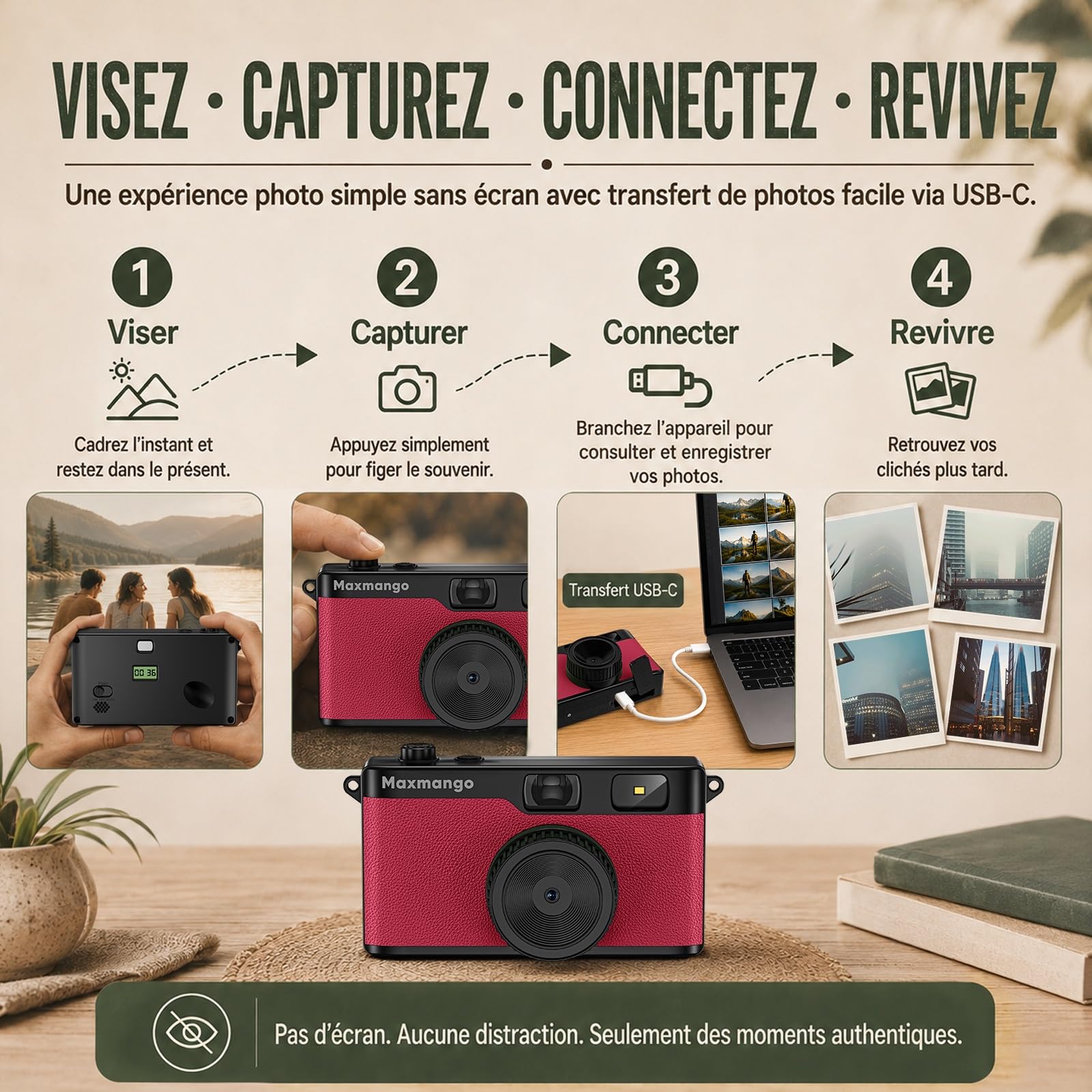 Maxmango D53 Appareil Photo Vintage sans Écran, Appareil Photo Numérique Rétro 12 MP, Filtres DIY à Télécharger, Transfert USB-C, Carte SD 8 Go Incluse (Rose)