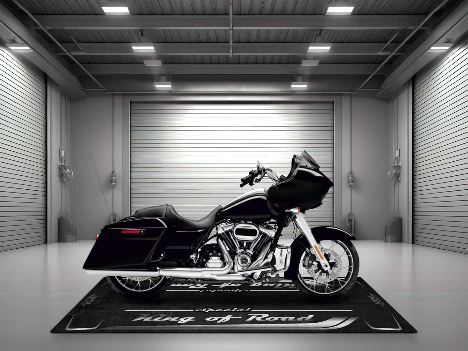 Garage Mat with Special King of Road for Cruiser and Custom Motorcycle, Motorcycle Mat, Washable Non-Slip Showroom Floor Carpet(Vivid Black, Size 2: 102 x 47/260 x 120 cm)