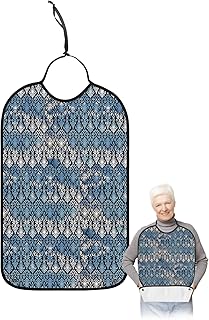 Kewadony Adult Bibs for Elderly Women - Blue Omre Waterproof Dining Clothing Protectors with Crumb Catcher for Eating/Feeding, Ethnic Flower Geometric Pattern Abstract Art Terry Cloth Bib Washable