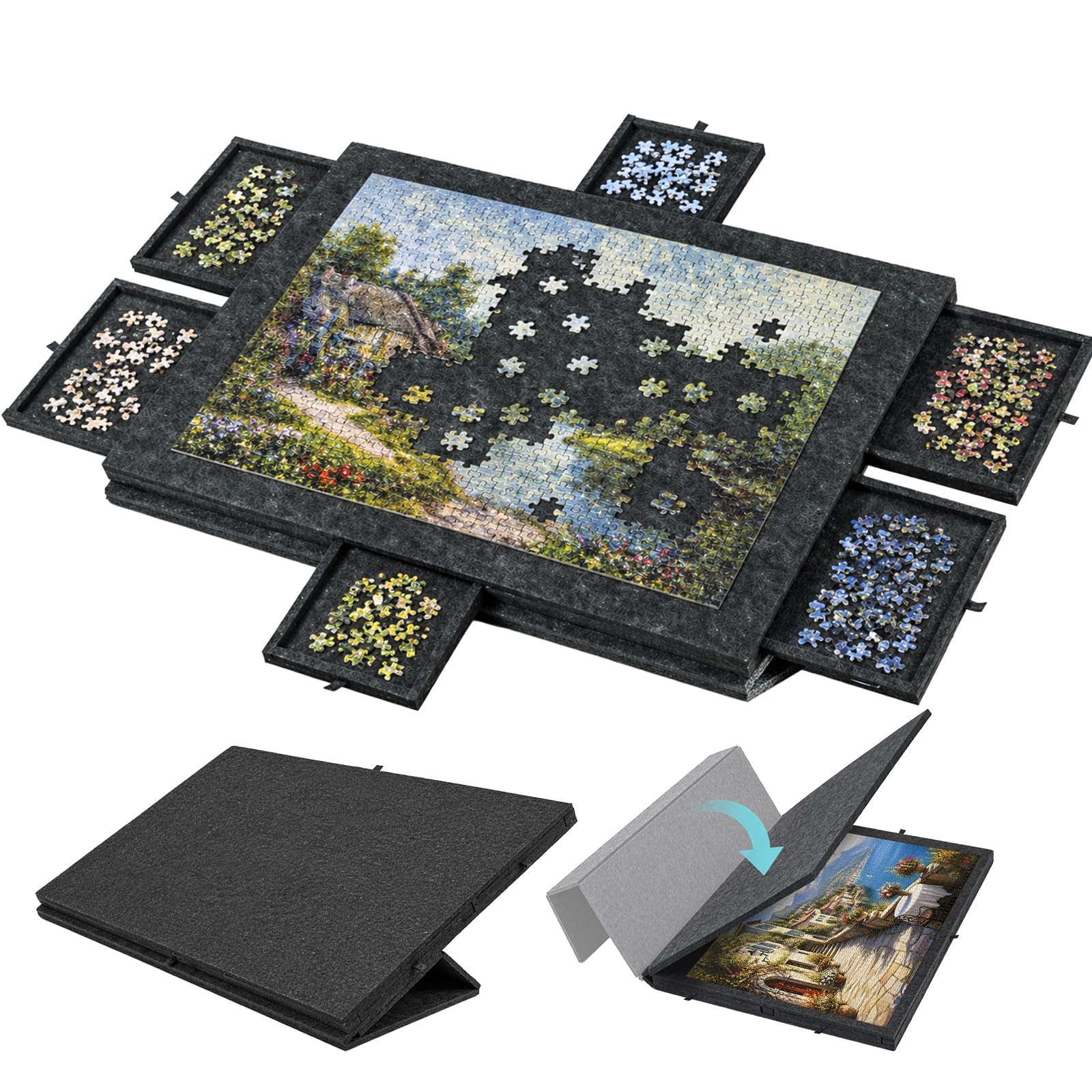 Puzzle-Aufbewahrungsbrett mit 6 Schubladen – Neigbare Puzzle-Platte aus Filz für bis zu 1000 Teile – 2-in-1 Puzzletisch mit Ständer & Abdeckung – Leicht & tragbar für Erwachsene & Kinder (Dark Grey)