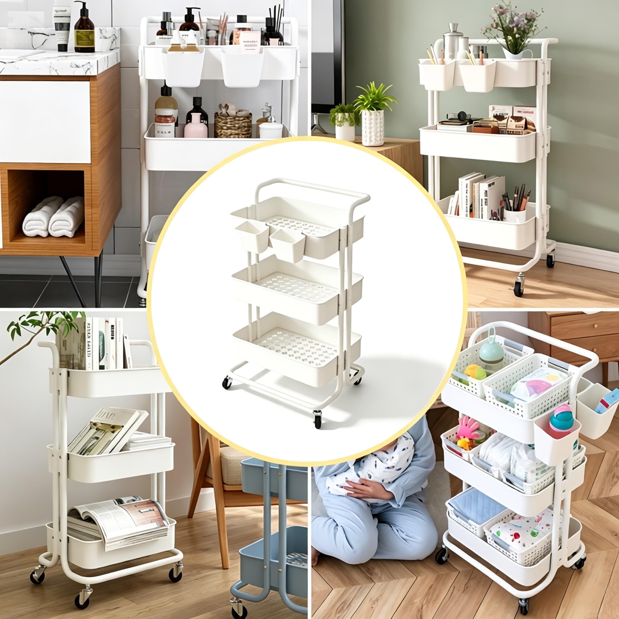 Carrello Cucina a 3 Ripiani, Carrello con Ruote Portatutto Cucina, Carrellino Salvaspazio, Carrello Portaoggetti con 2 Scatole, Supporto in Metallo e Cestino Plastica, 39x36x80cm, Bianco