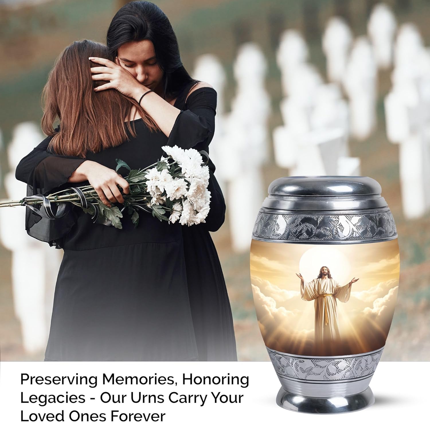 Jesus Christ Large Cremation Urns for Human Ashes Adult Female - Memorial Urn for Human Ashes Adult Male - Funeral Gift for Burial - 10inch & 200 Cubic Inches Capacity Include Velvet Bag