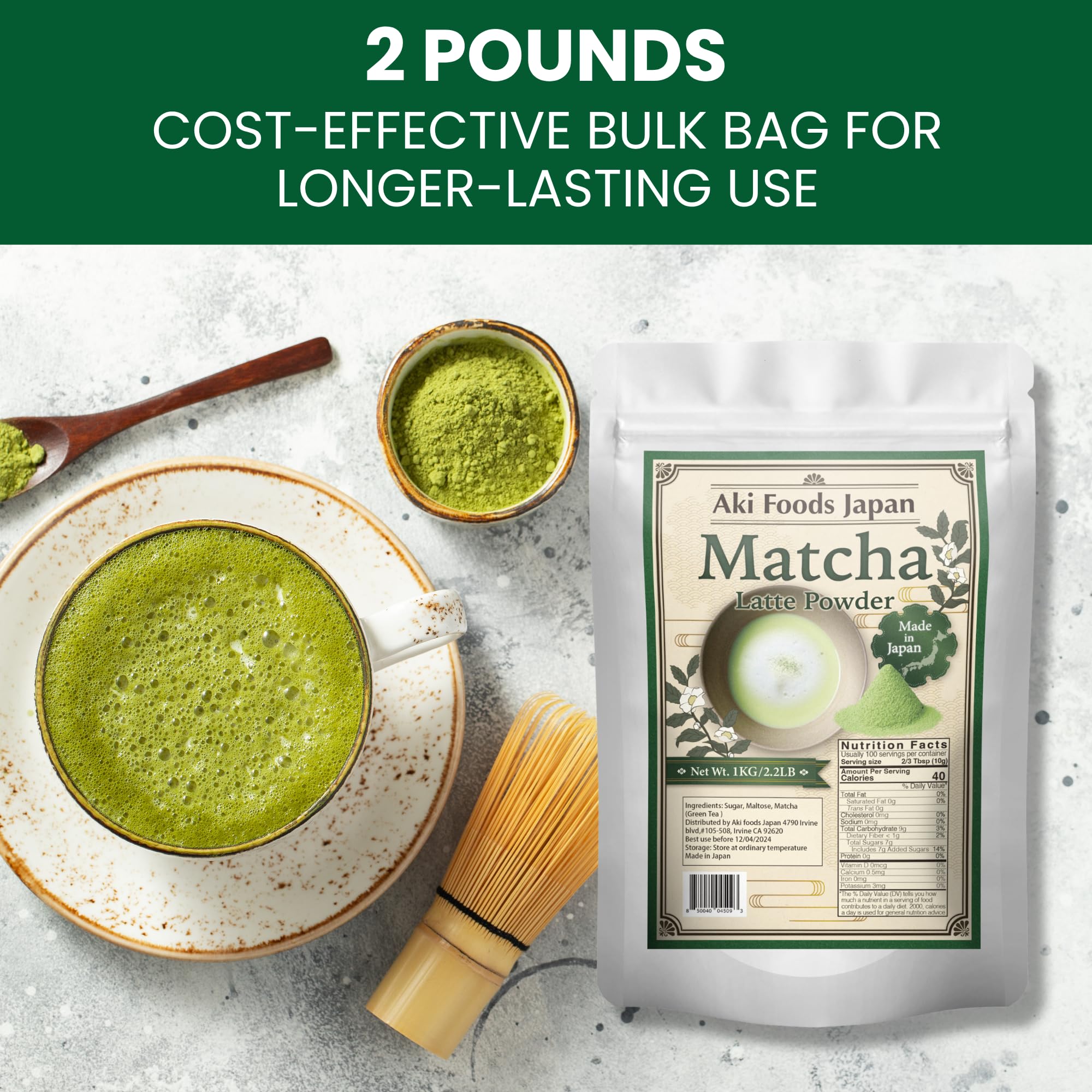 Matcha Latte Mix 2 2LB 1kg by Aki Foods Japan Premium Japanese Green Tea Latte Powder Authentic Matcha — view 2