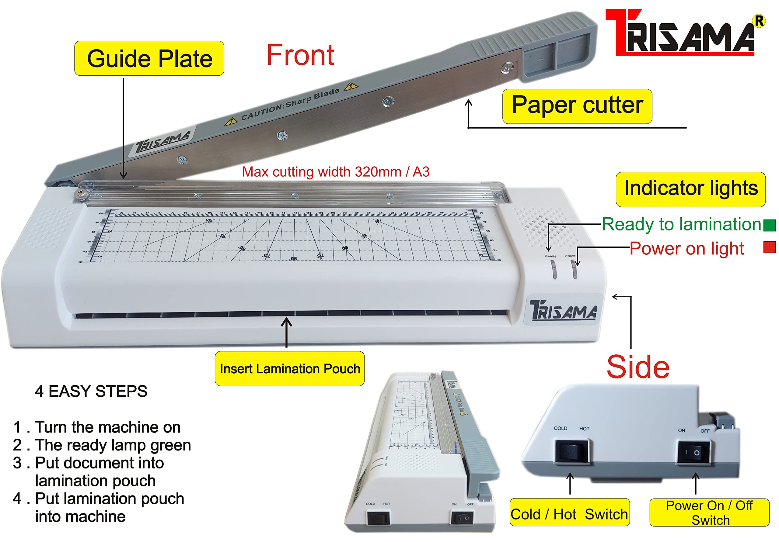 TRISAMA Lamination Machine Laminator A3,A4 Multifunction (Laminator, Paper Cutter) 12 inch for Hot and Cold Lamination 2