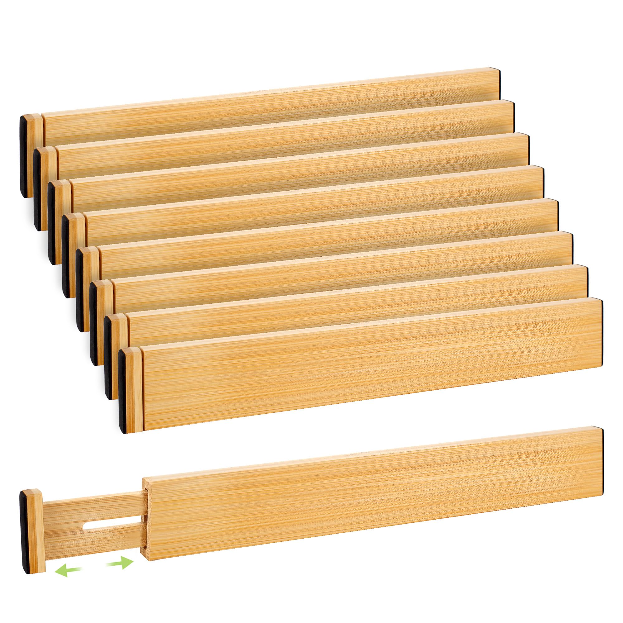 Fyvva Divisore per cassetti, organizer regolabile in bambù per cassetti da cucina, bagno, vestiti, scrivania da ufficio (colore naturale, confezione da 8 pezzi)