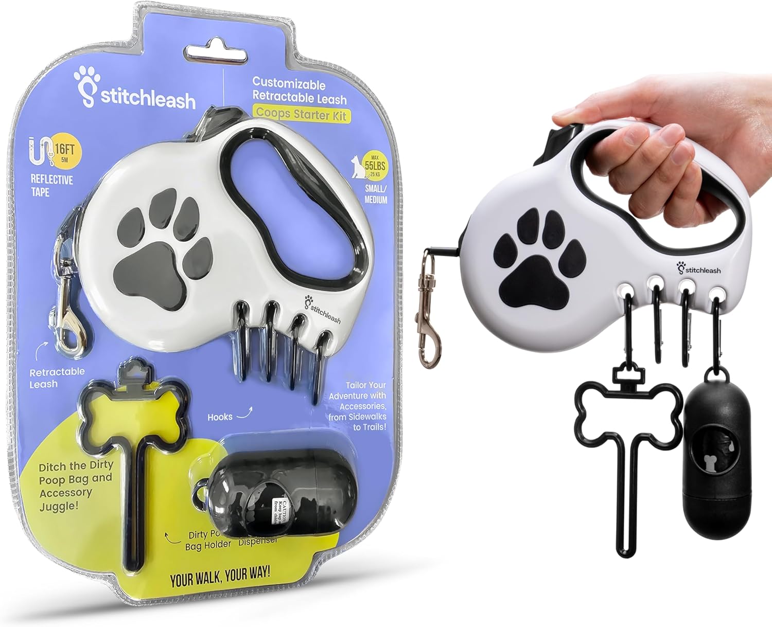 Retractable Dog Leash for Small & Medium Dogs (Up to 55lbs) - Customizable, Patented, Reflective Design, Ergonomic Handle, Includes Hooks & Poop Bag Holder & Dispenser - White