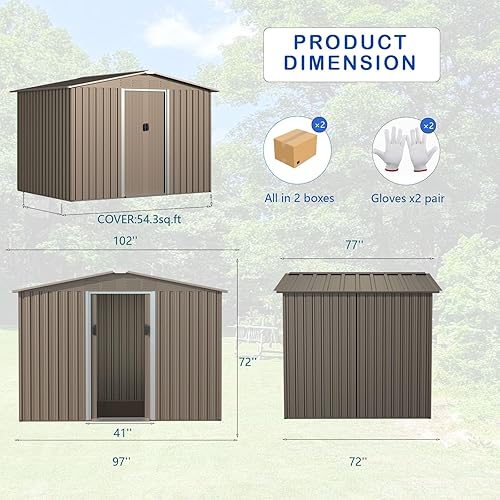 Miniatura 5 de ALAULM Cobertizo de almacenamiento para exteriores de 8 x 6 pies, cobertizo de herramientas de metal galvanizado con rejillas de ventilación y