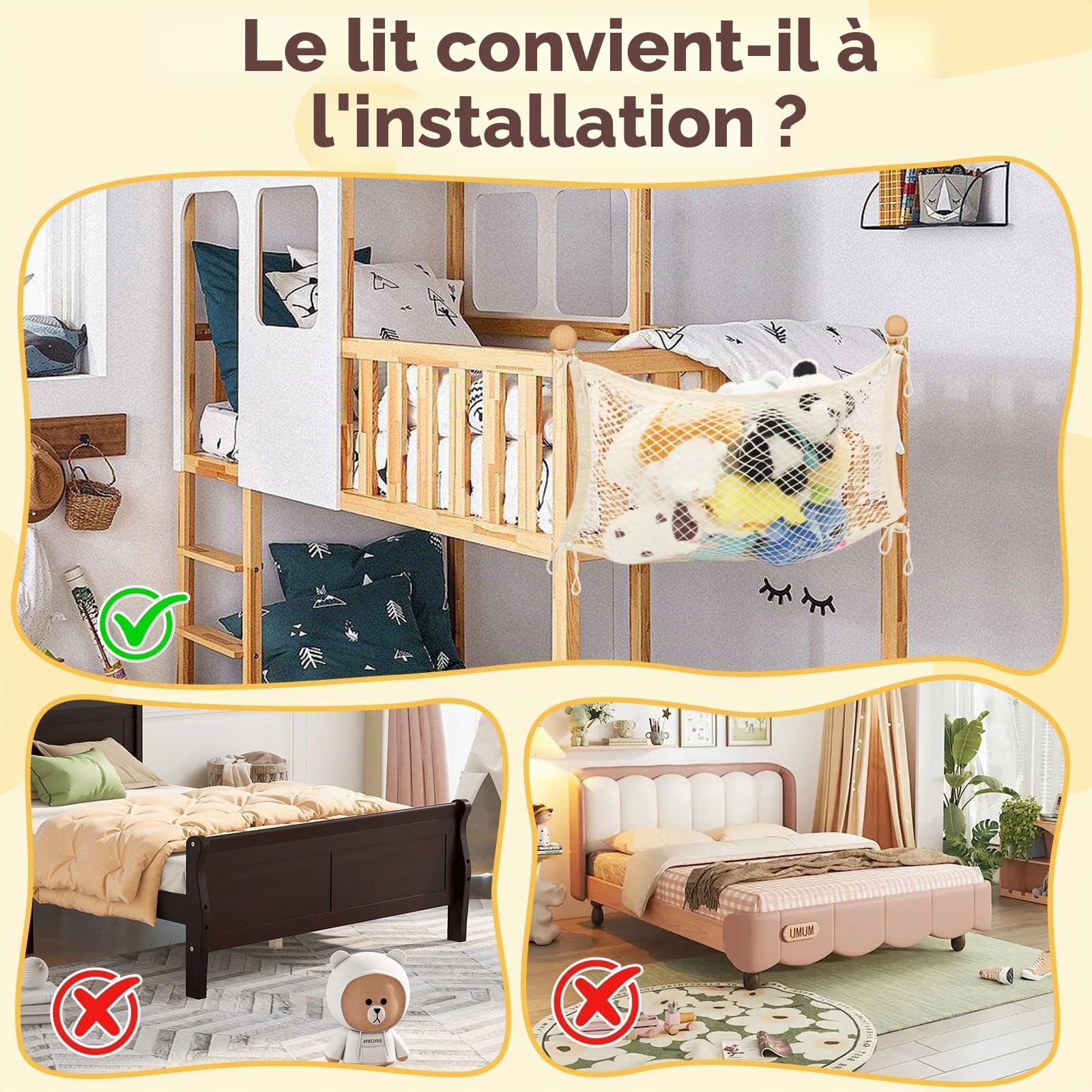Filet de Rangement Peluches pour Bord de Lit en Coton, Hamac Jouets Style Bohème Chic, Beige, Lot de 2