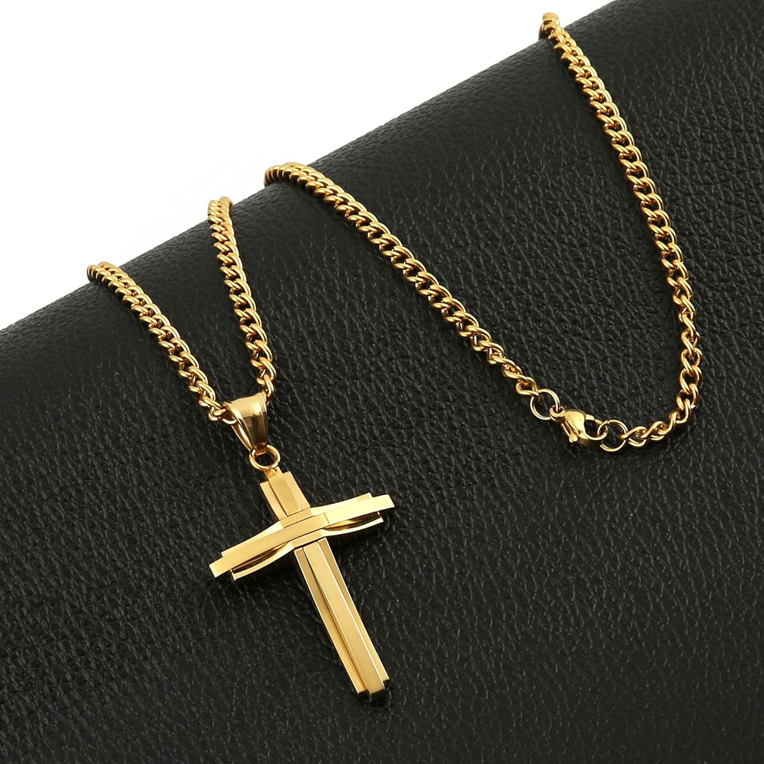 HZMAN Mens Polished Stainless Steel Silver Cross Pendant Necklace 22+2 Inches Chain - Image 2