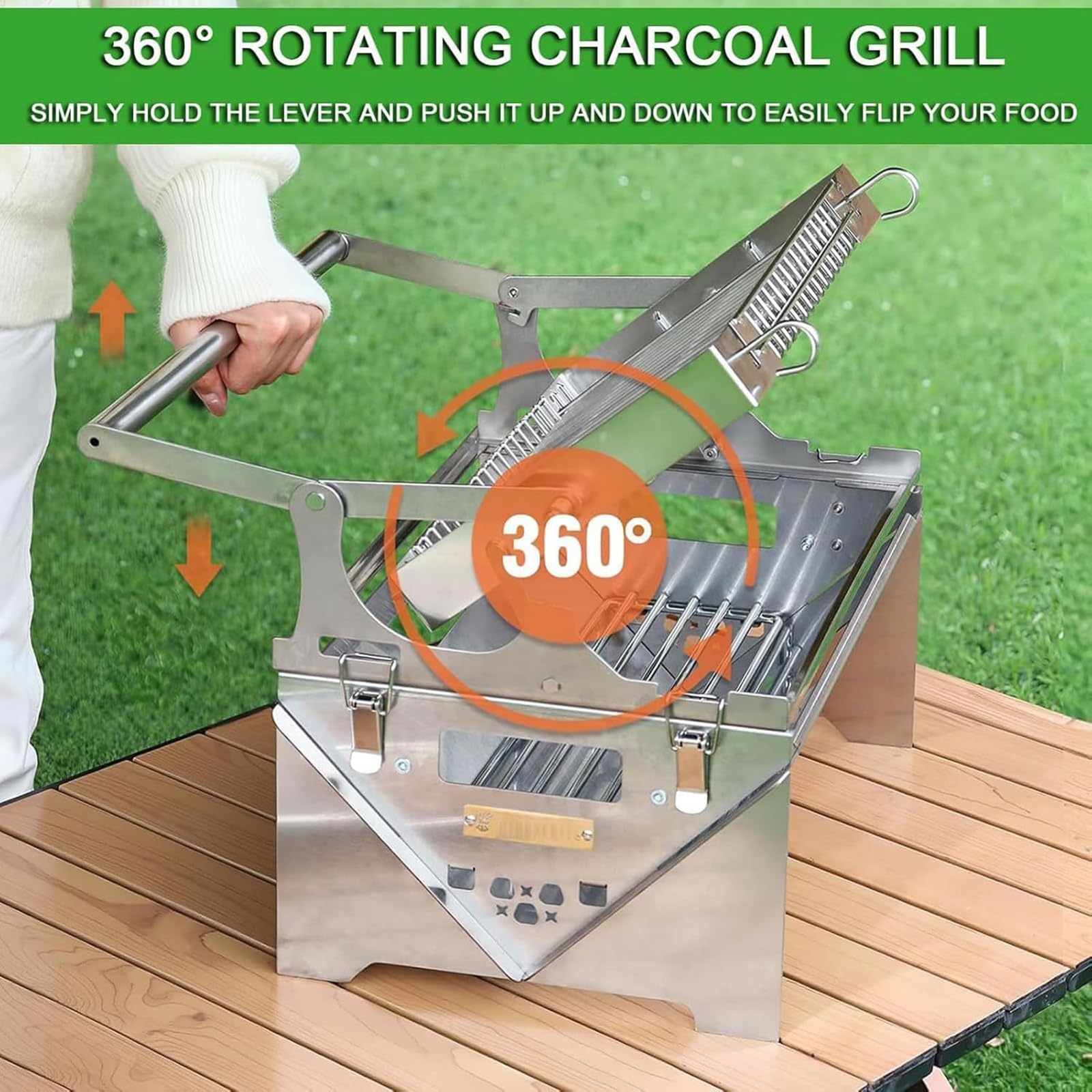 Barbecue portatile in acciaio inox a carbonella, girevole a 360°, facile da smontare, per picnic, campeggio, terrazza, feste, cucina all'aperto
