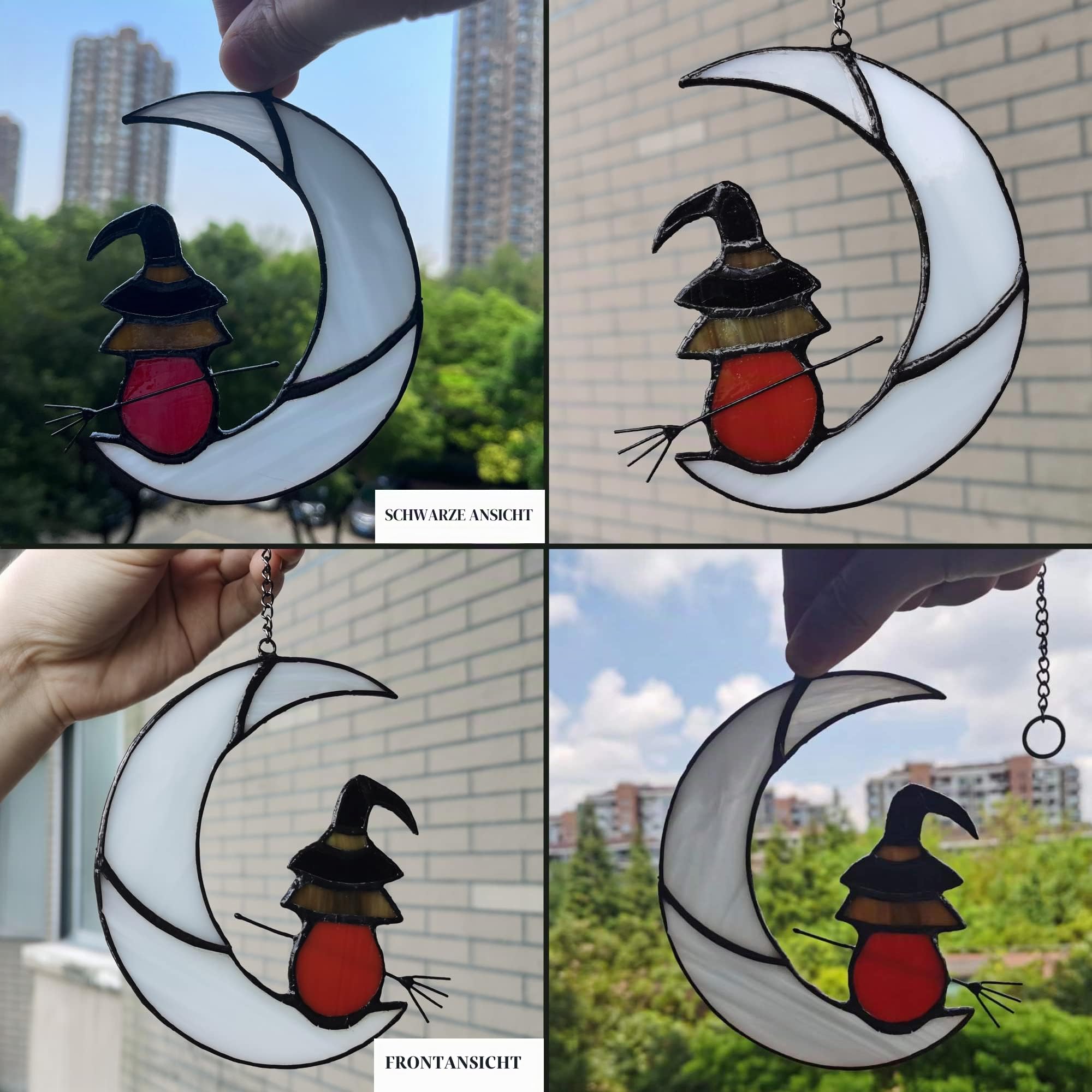 Zauberhexe auf Mond Glasfenster-Hängetafel, Sonnenfänger für Fenster, Hexendekoration reitend Mondgesicht Sonnenfänger Halloween-Ornament.