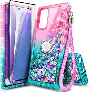 NZND Case for Samsung Galaxy A13 5G with Tempered Glass Screen Protector (Maximum Coverage), Ring Holder/Wrist Strap, Glitter Liquid Floating Waterfall Girls Cute Phone Case (Pink/Aqua)